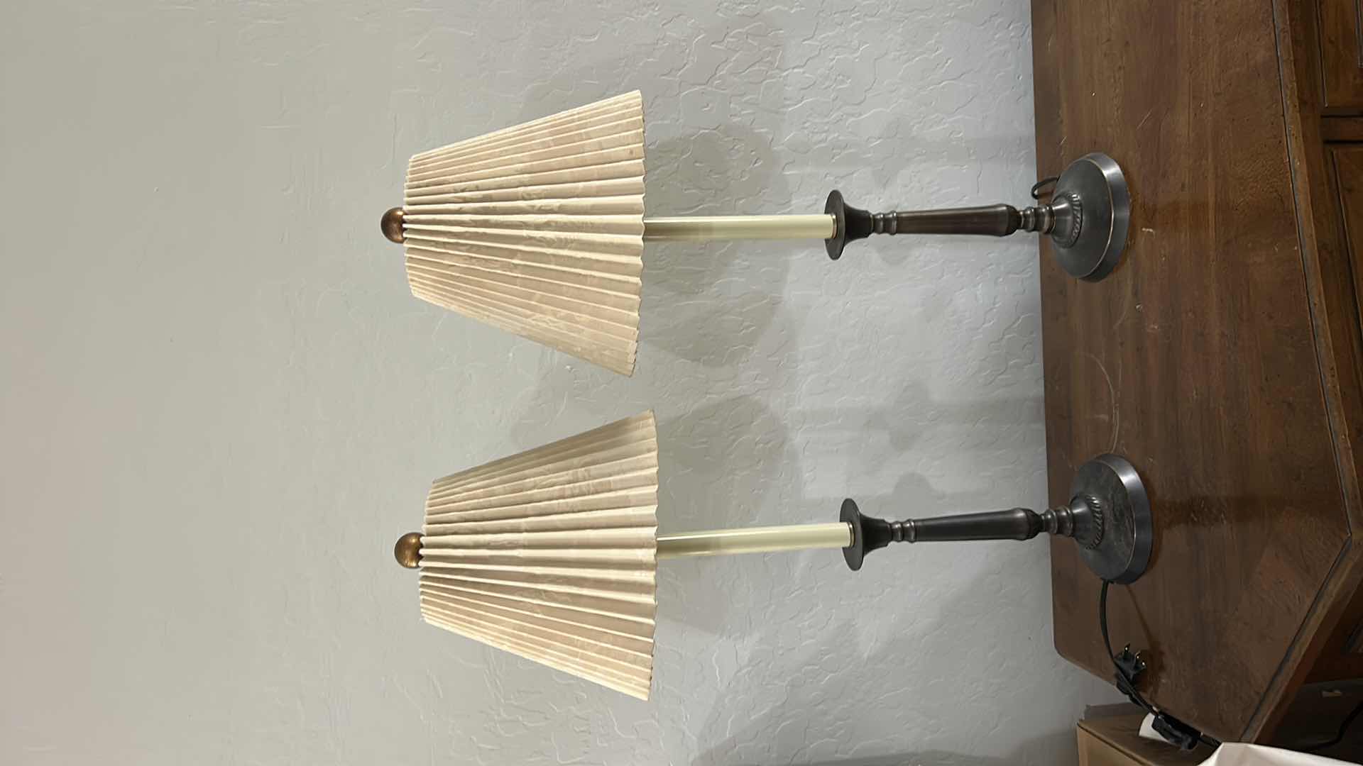 Photo 1 of 2- ANTIQUE BRONZE TABLE LAMP WITH PLEATED EMPIRE SHADE & FLUTED COLUMN STEM H27”