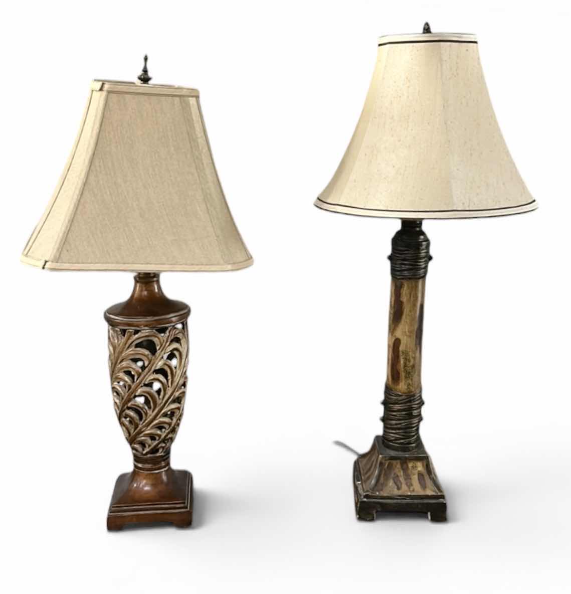 Photo 1 of VINTAGE FAUX-WOOD CYLINDRICAL TABLE LAMP & LEAFWORK VASE TABLE LAMP H32”