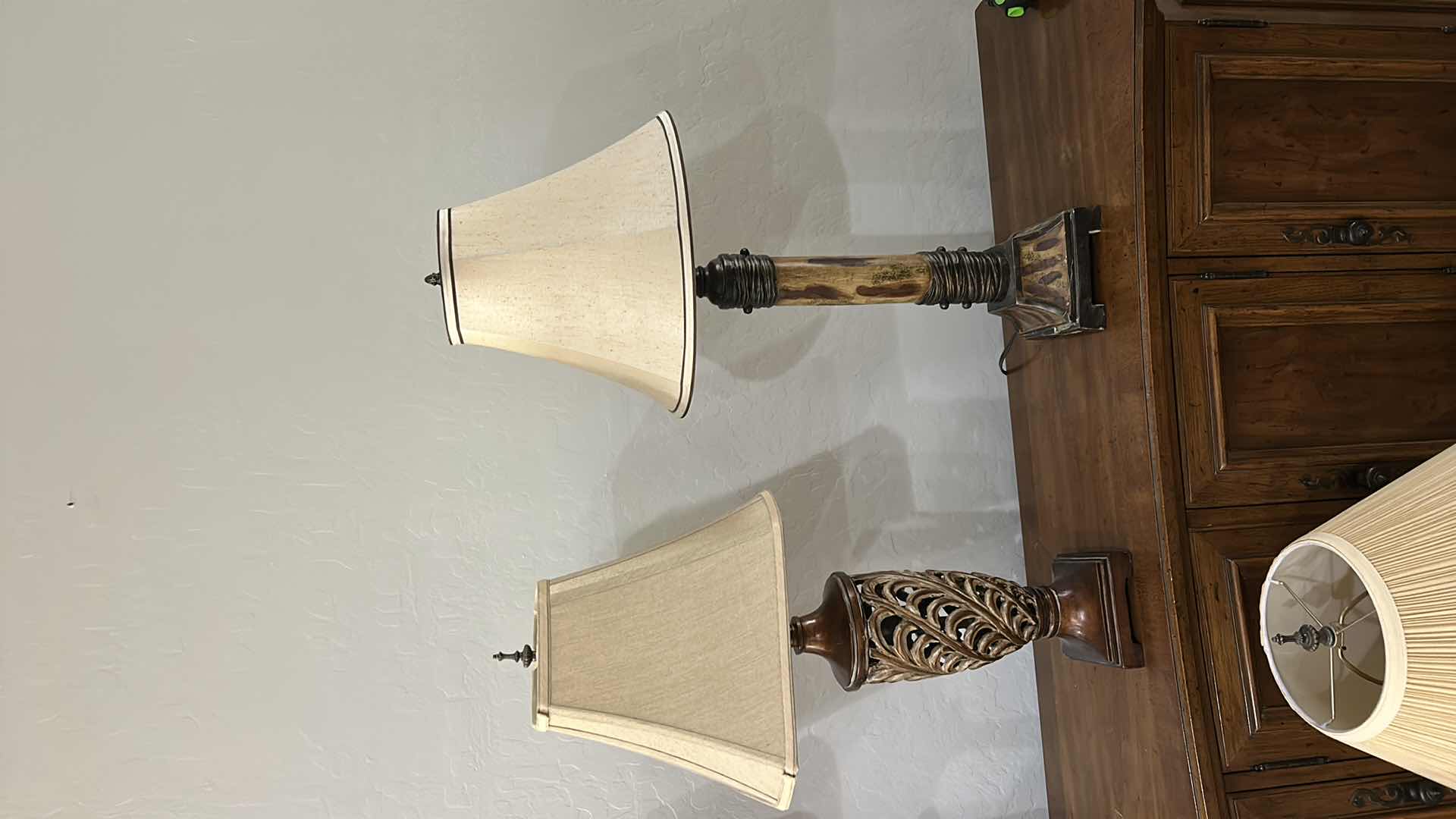 Photo 1 of VINTAGE FAUX-WOOD CYLINDRICAL TABLE LAMP & LEAFWORK VASE TABLE LAMP H32”
