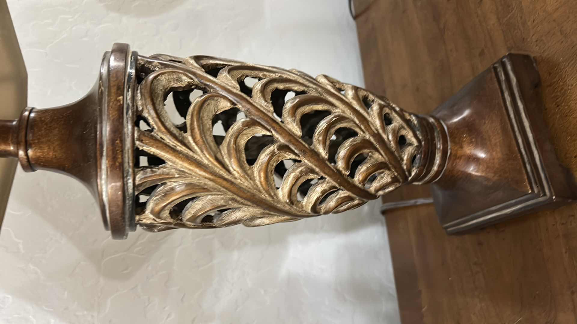 Photo 1 of VINTAGE FAUX-WOOD CYLINDRICAL TABLE LAMP & LEAFWORK VASE TABLE LAMP H32”