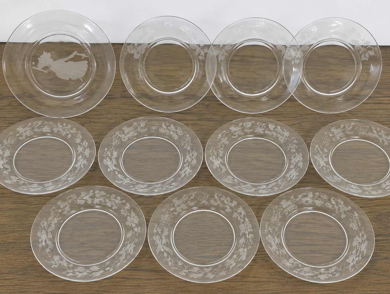 Photo 1 of 11- VINTAGE CLEAR GLASS PLATES FEATURING AN ETCHED FLORAL, BOTANICAL LEAF & LADY PATTERN