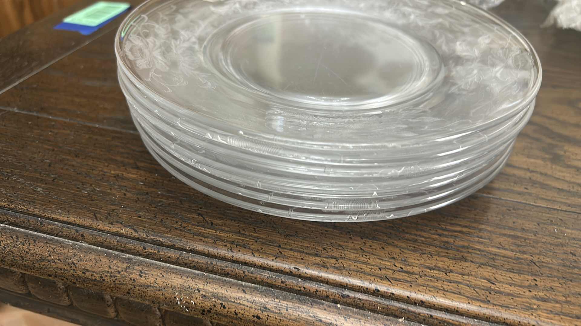 Photo 1 of 11- VINTAGE CLEAR GLASS PLATES FEATURING AN ETCHED FLORAL, BOTANICAL LEAF & LADY PATTERN