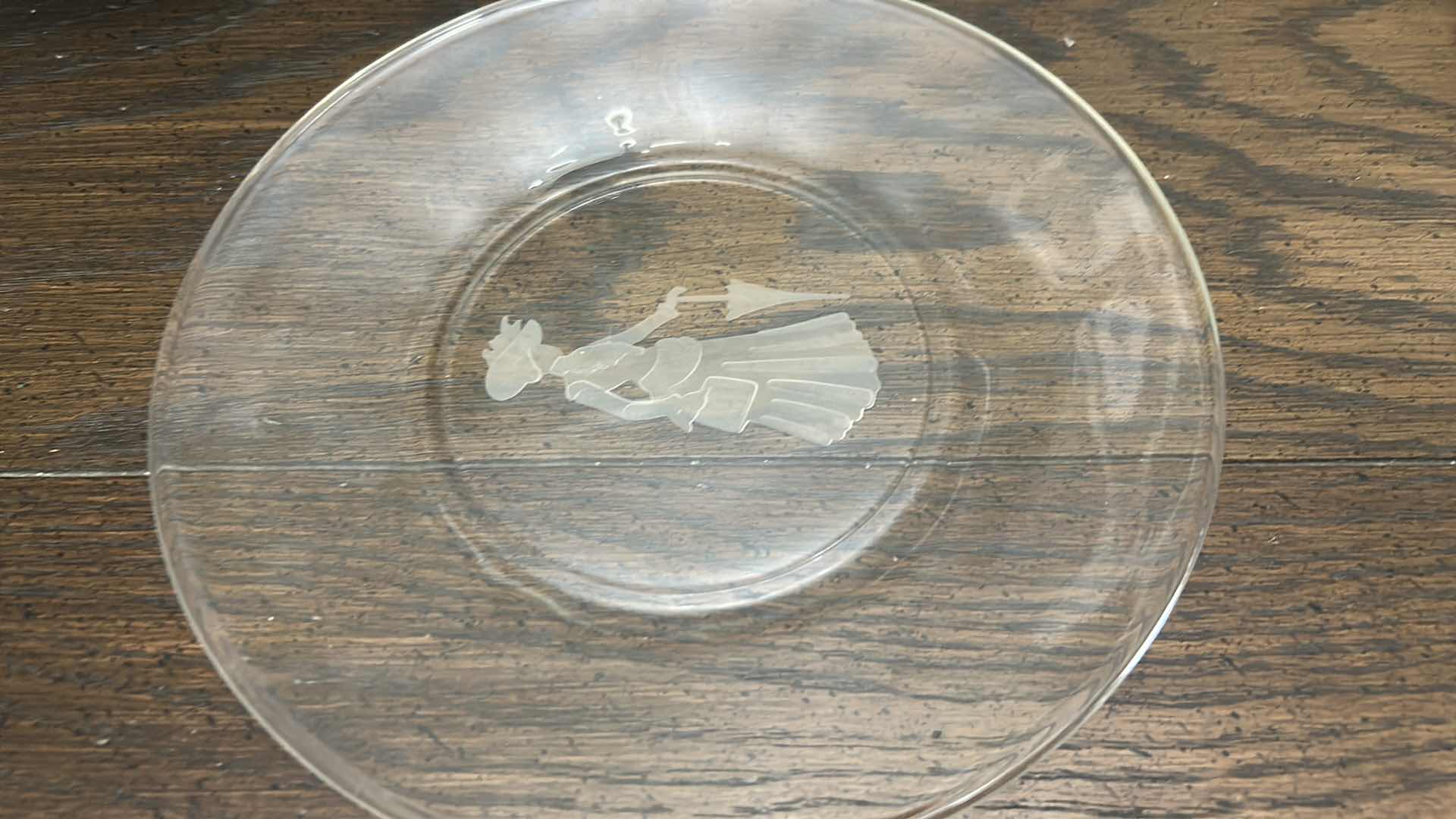 Photo 1 of 11- VINTAGE CLEAR GLASS PLATES FEATURING AN ETCHED FLORAL, BOTANICAL LEAF & LADY PATTERN