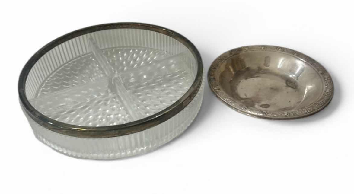 Photo 1 of VINTAGE ENGLISH PRESSED GLASS DIVIDED RELISH DISH WITH A SILVER-PLATED RIM & REED & BARTON CLASSIC ROSE DESIGN SILVER-PLATED CRYSTAL BOWL WITH SILVER-PLATED RIM, 10” X 2”.