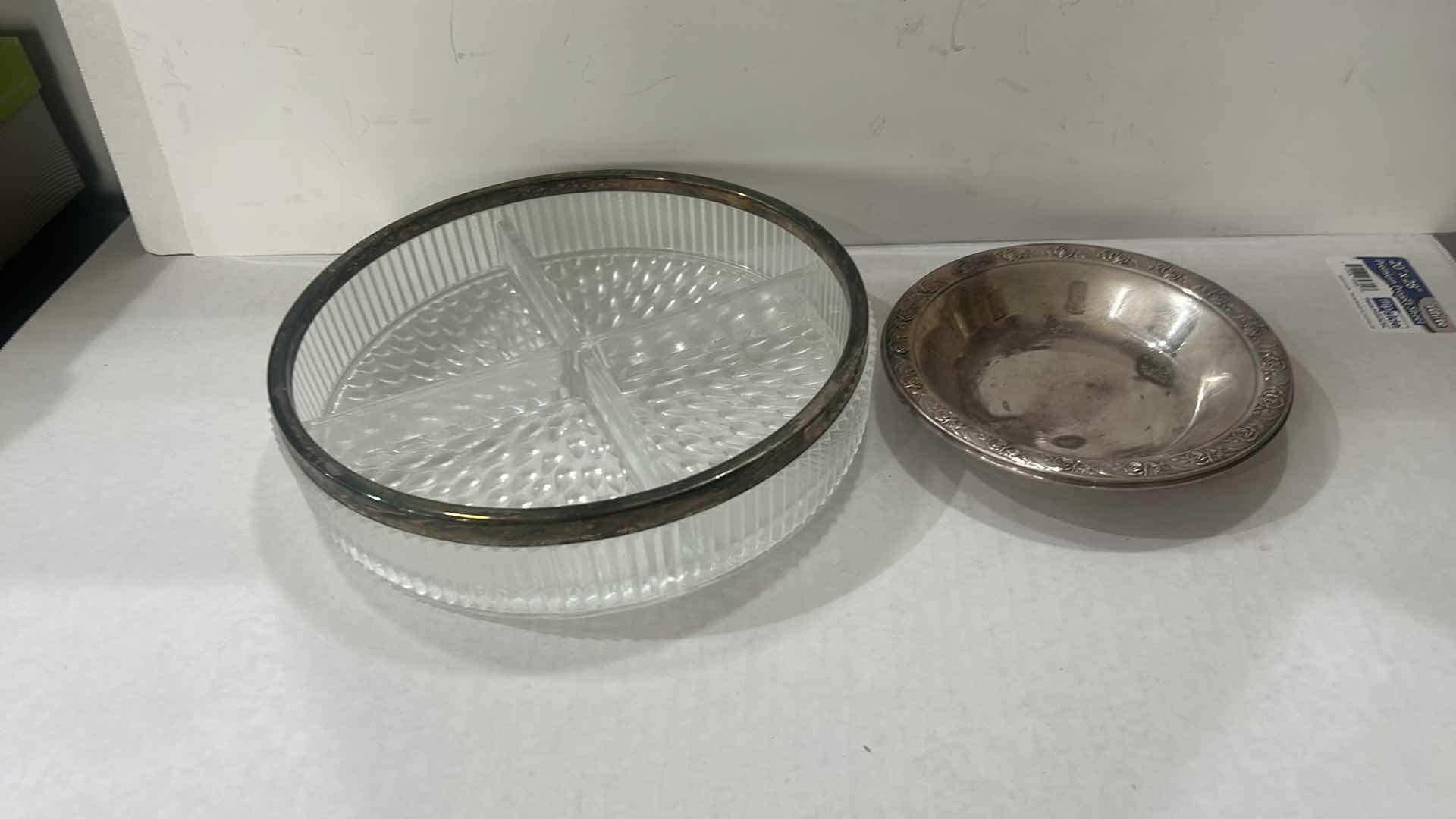 Photo 1 of VINTAGE ENGLISH PRESSED GLASS DIVIDED RELISH DISH WITH A SILVER-PLATED RIM & REED & BARTON CLASSIC ROSE DESIGN SILVER-PLATED CRYSTAL BOWL WITH SILVER-PLATED RIM, 10” X 2”.