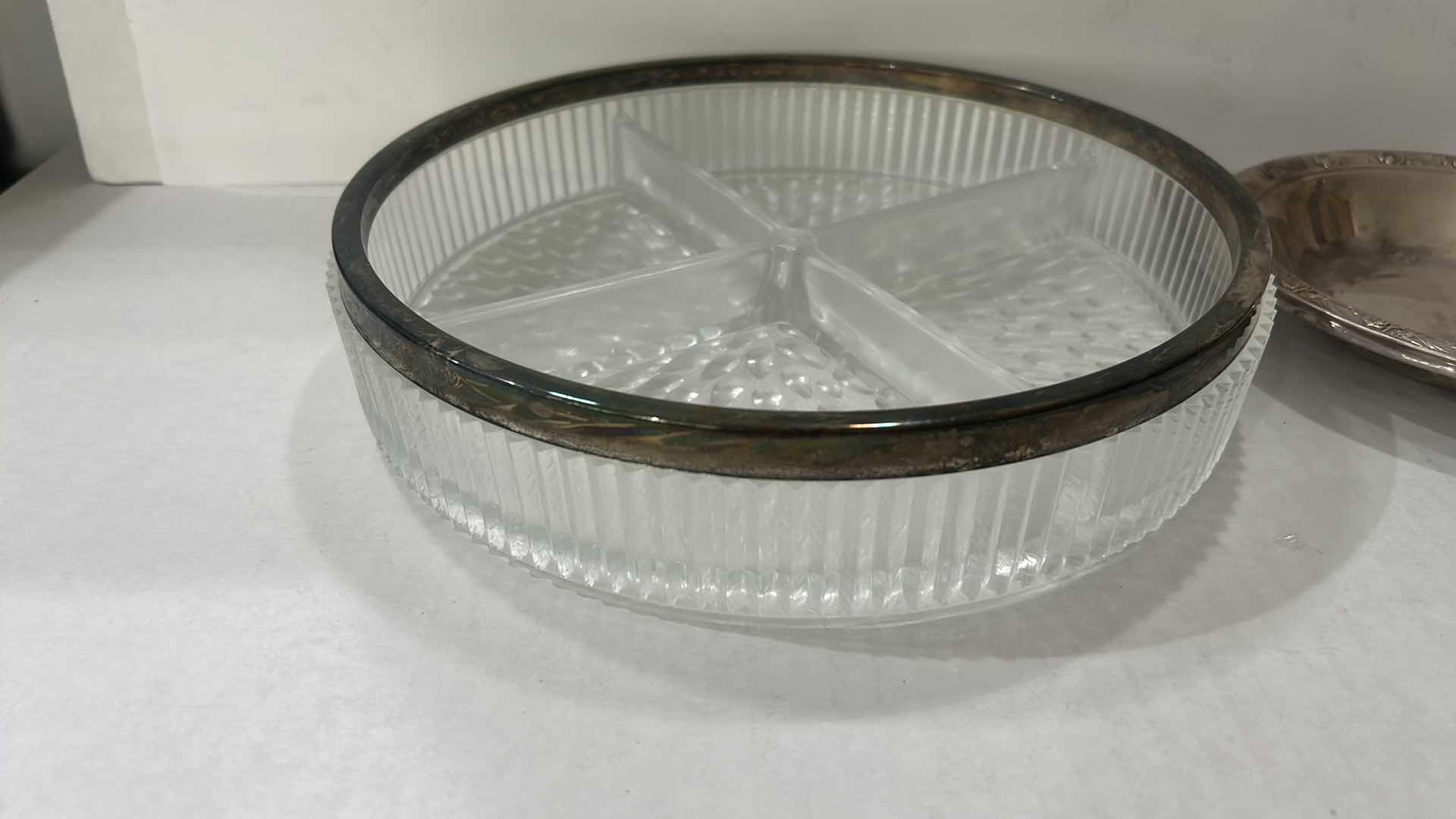 Photo 1 of VINTAGE ENGLISH PRESSED GLASS DIVIDED RELISH DISH WITH A SILVER-PLATED RIM & REED & BARTON CLASSIC ROSE DESIGN SILVER-PLATED CRYSTAL BOWL WITH SILVER-PLATED RIM, 10” X 2”.