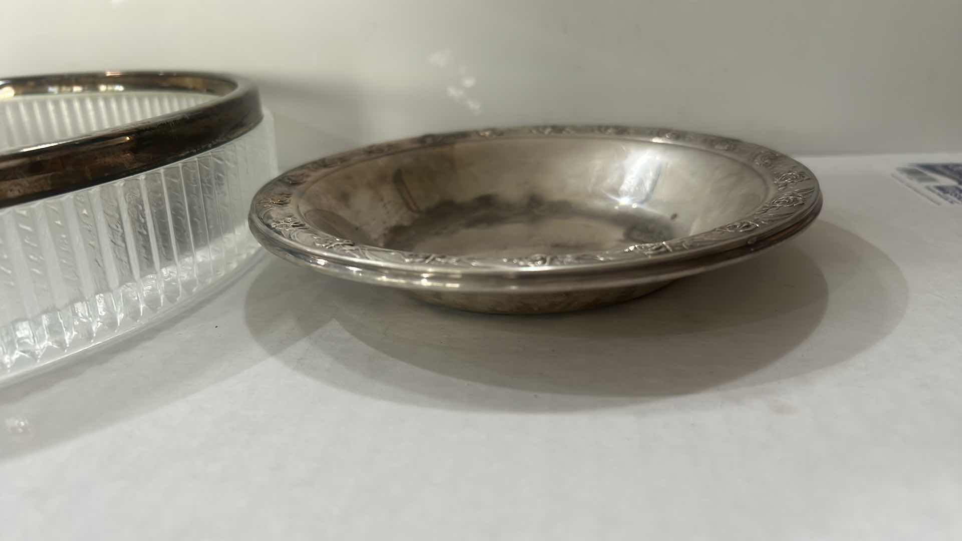 Photo 1 of VINTAGE ENGLISH PRESSED GLASS DIVIDED RELISH DISH WITH A SILVER-PLATED RIM & REED & BARTON CLASSIC ROSE DESIGN SILVER-PLATED CRYSTAL BOWL WITH SILVER-PLATED RIM, 10” X 2”.