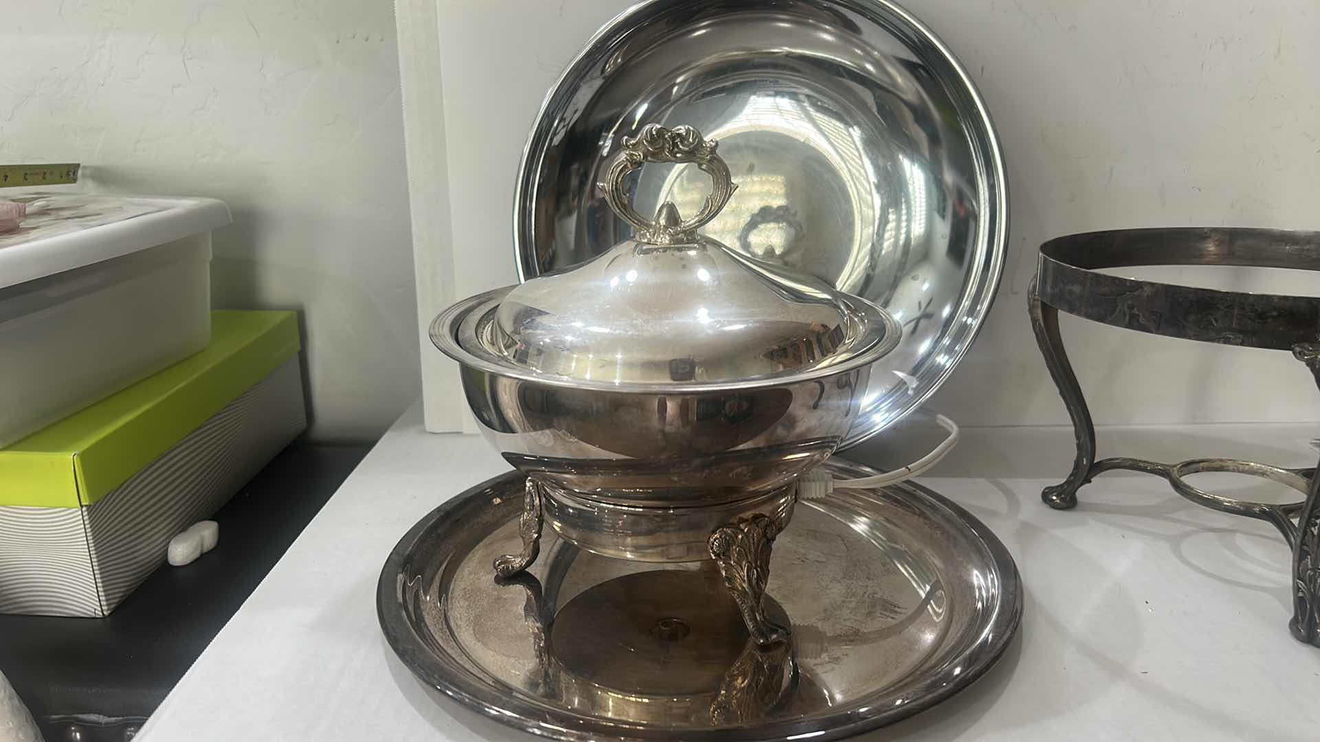 Photo 1 of VINTAGE SILVER-PLATED CHAFING DISH SET BY LEONARD SILVER INCLUDES A COVERED SERVING DISH, A HEAT-RESISTANT GLASS BOWL INSERT, A WARMING STAND, AND A SERVING TRAY.