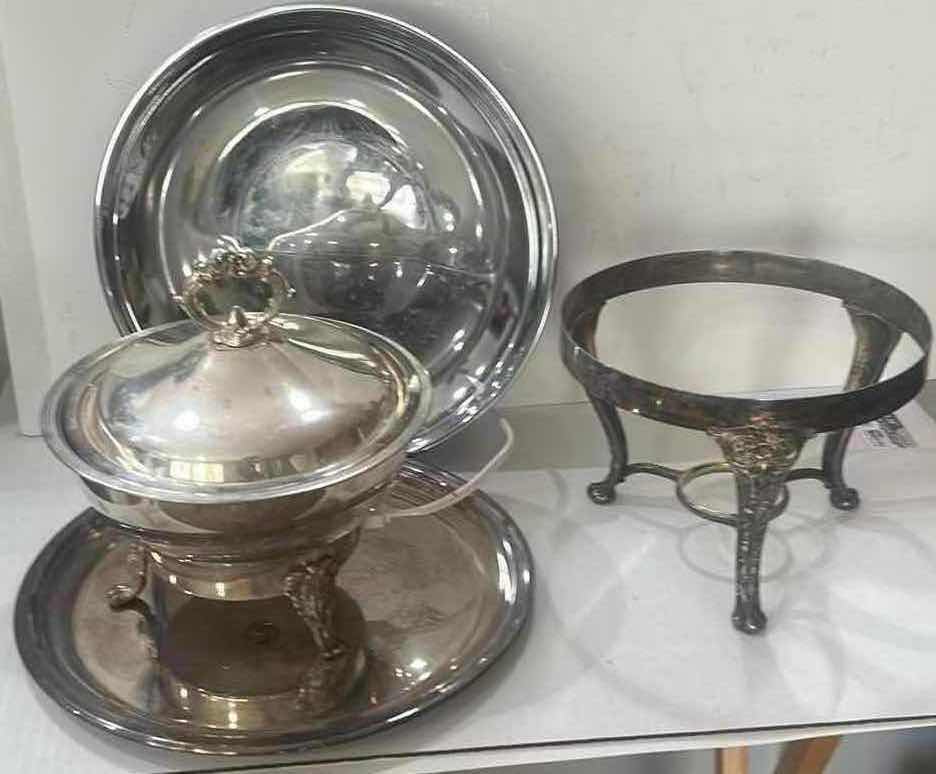 Photo 1 of VINTAGE SILVER-PLATED CHAFING DISH SET BY LEONARD SILVER INCLUDES A COVERED SERVING DISH, A HEAT-RESISTANT GLASS BOWL INSERT, A WARMING STAND, AND A SERVING TRAY.
