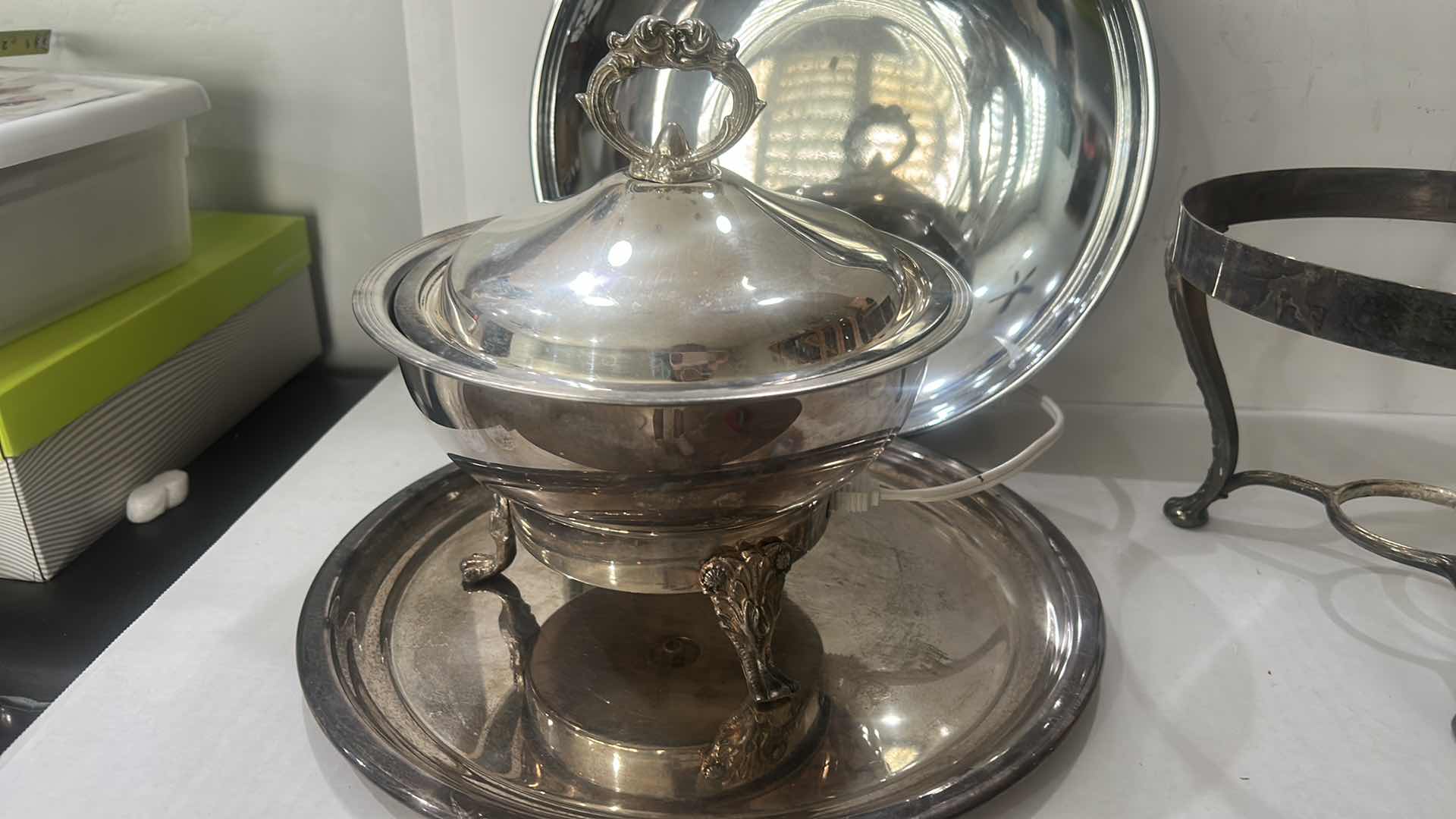Photo 1 of VINTAGE SILVER-PLATED CHAFING DISH SET BY LEONARD SILVER INCLUDES A COVERED SERVING DISH, A HEAT-RESISTANT GLASS BOWL INSERT, A WARMING STAND, AND A SERVING TRAY.
