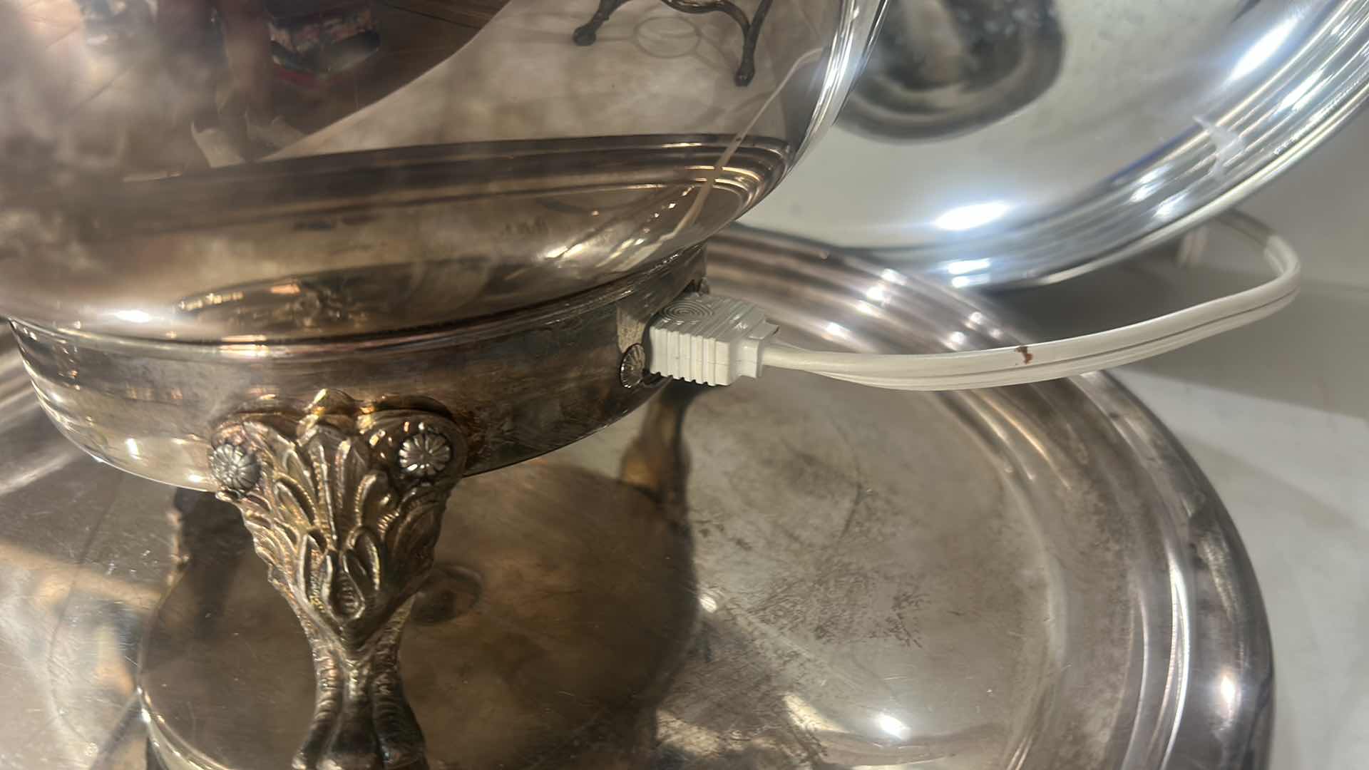 Photo 1 of VINTAGE SILVER-PLATED CHAFING DISH SET BY LEONARD SILVER INCLUDES A COVERED SERVING DISH, A HEAT-RESISTANT GLASS BOWL INSERT, A WARMING STAND, AND A SERVING TRAY.