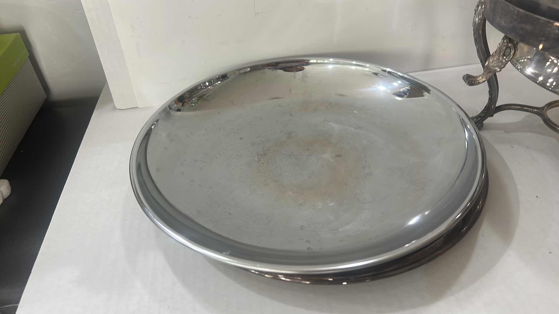 Photo 1 of VINTAGE SILVER-PLATED CHAFING DISH SET BY LEONARD SILVER INCLUDES A COVERED SERVING DISH, A HEAT-RESISTANT GLASS BOWL INSERT, A WARMING STAND, AND A SERVING TRAY.