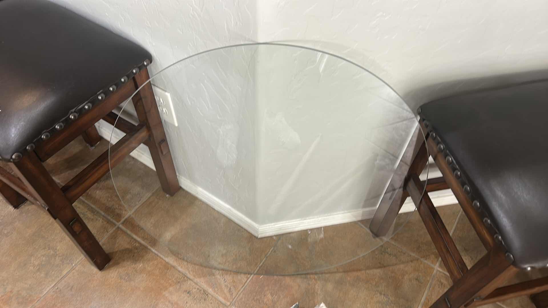 Photo 1 of 30” ROUND GLASS PC. & 3 UNRELATED TABLE LEGS W/HARDWARE