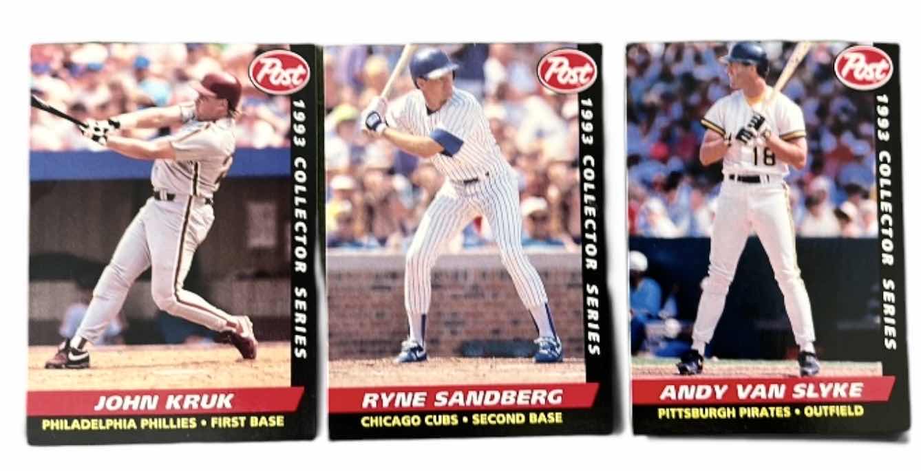 View 1 of 1993 POST COLLECTOR SERIES, BASEBALL CARDS FEATURING JOHN KRUK, RYNE SANDBERG AND ANDY VAN SLYKE