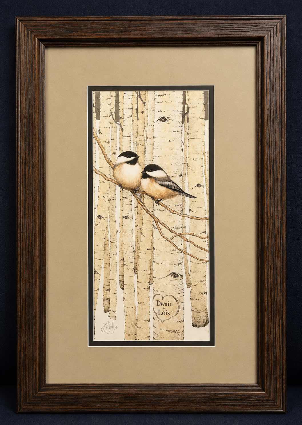 Photo 1 of FRAMED ARTWORK TITLED “LOVE BIRDS” DESIGNED BY SCOTT KENNEDY FEATURING A PAIR OF CHICKADEES ON BIRCH TREES AND A PERSONALIZED CARVING 12” x H18 1/2”