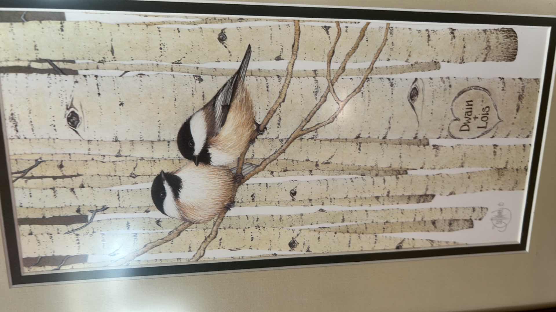 Photo 1 of FRAMED ARTWORK TITLED “LOVE BIRDS” DESIGNED BY SCOTT KENNEDY FEATURING A PAIR OF CHICKADEES ON BIRCH TREES AND A PERSONALIZED CARVING 12” x H18 1/2”