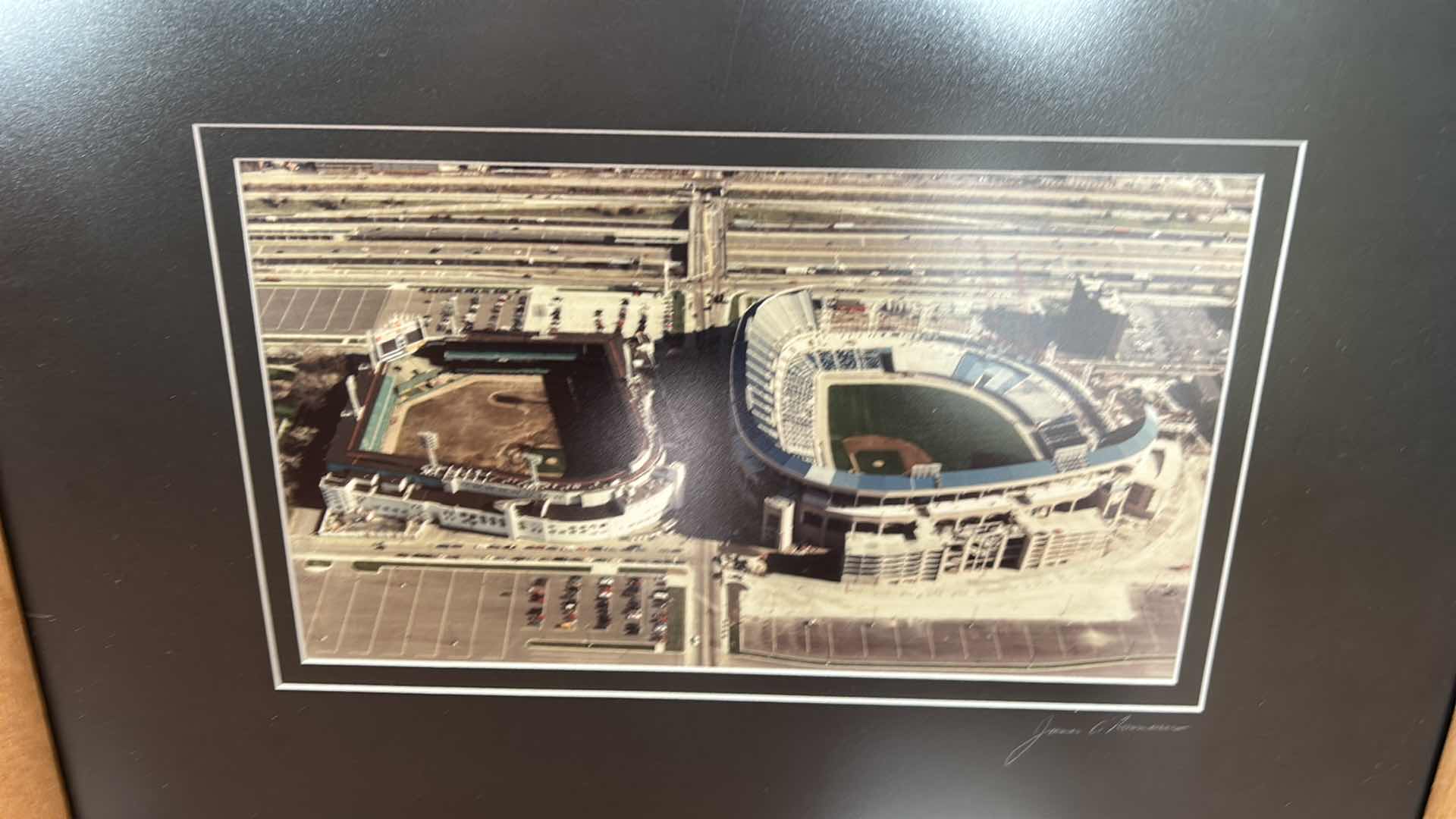 Photo 1 of FRAMED AND SIGNED PHOTO BY BOB HORSCH GALLERY PRINT ARTWORK FEATURING BOTH THE OLD AND NEW COMISKY PARK . 21 1/2” x H17 1/2”