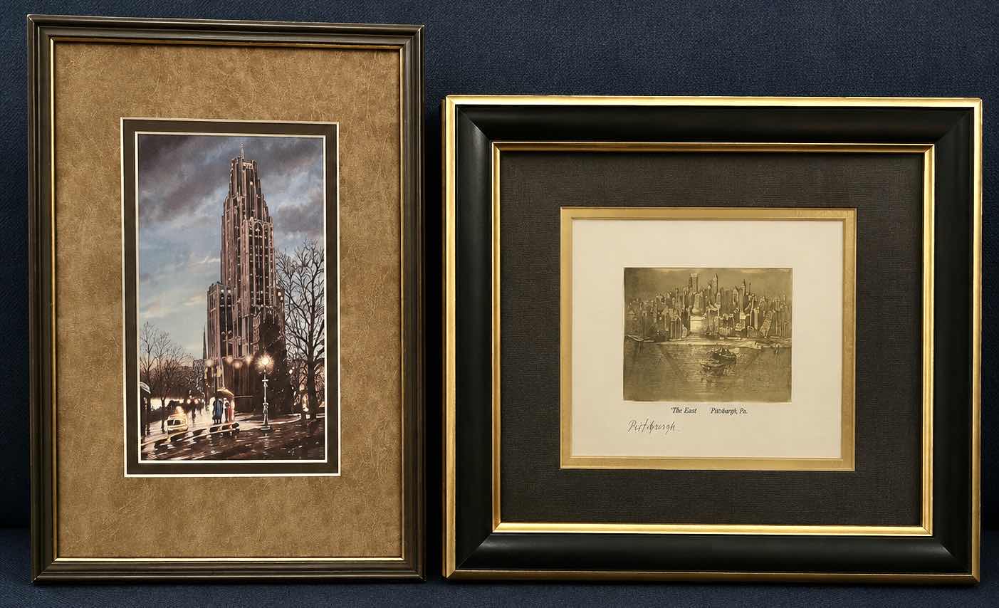 Photo 1 of TWO - FRAMED ARTWORK, PRINT REPRESENTING THE CATHEDRAL OF LEARNING AT THE UNIVERSITY OF PITTSBURGH AND LIMITED EDITION GOLD TONED METAL RELIEF PRINT TITLED “THE POINT” DEPICTING THE PITTSBURGH PA SKYLINE, NUMBER 70 OUT OF 4500. 11 3/4” x H9 3/4”