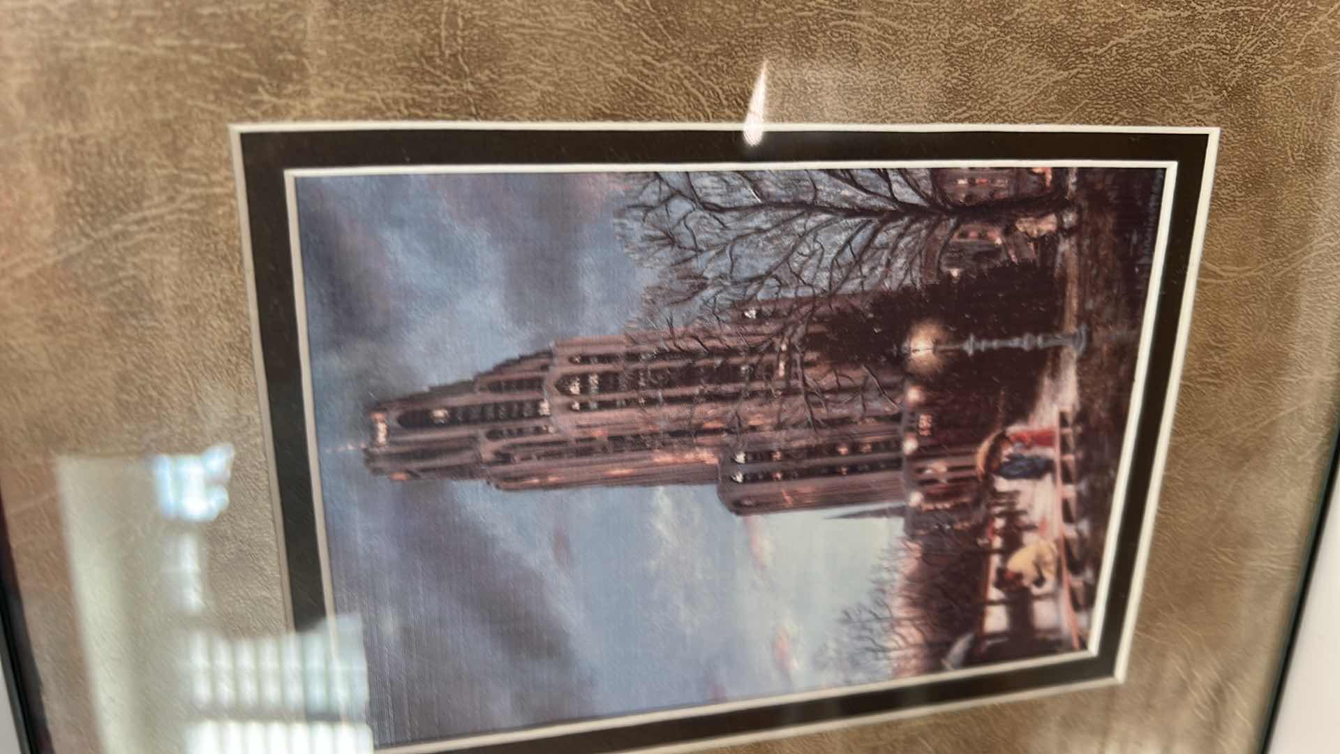 Photo 1 of TWO - FRAMED ARTWORK, PRINT REPRESENTING THE CATHEDRAL OF LEARNING AT THE UNIVERSITY OF PITTSBURGH AND LIMITED EDITION GOLD TONED METAL RELIEF PRINT TITLED “THE POINT” DEPICTING THE PITTSBURGH PA SKYLINE, NUMBER 70 OUT OF 4500. 11 3/4” x H9 3/4”