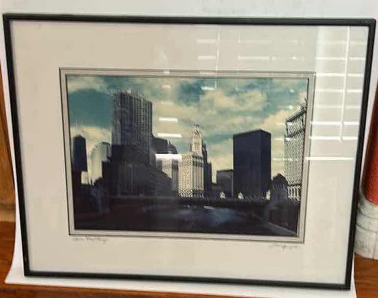 Photo 1 of FRAMED, SIGNED ARTWORK BY MID-CENTURY AMERICAN ARTIST, LOUIS SPINGOLA DEPICTING THE CHICAGO SKYLINE 20 1/2” x H16 1/2”