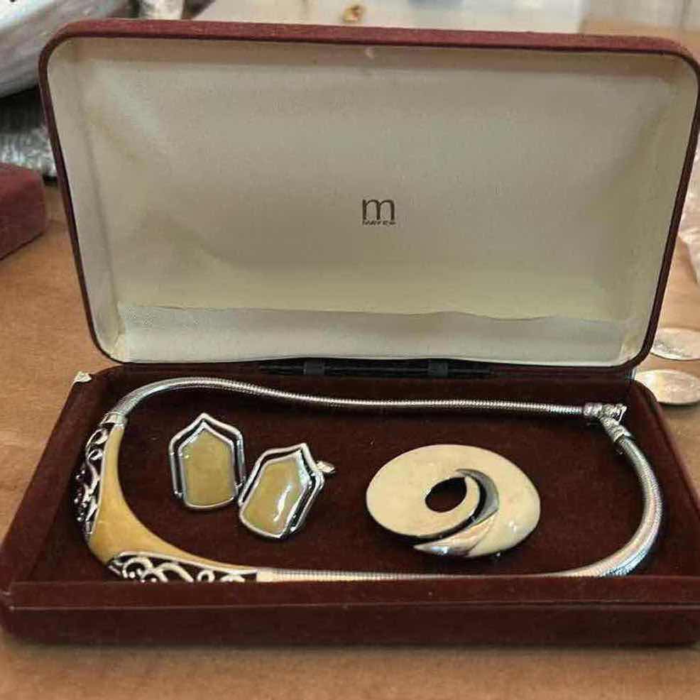 Photo 1 of SILVER-TONE & BEIGE ENAMEL NECKLACE WITH MATCHING EARRINGS & SPIRAL BROOCH