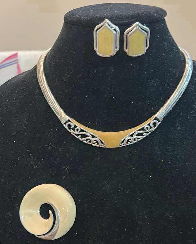 Photo 1 of SILVER-TONE & BEIGE ENAMEL NECKLACE WITH MATCHING EARRINGS & SPIRAL BROOCH