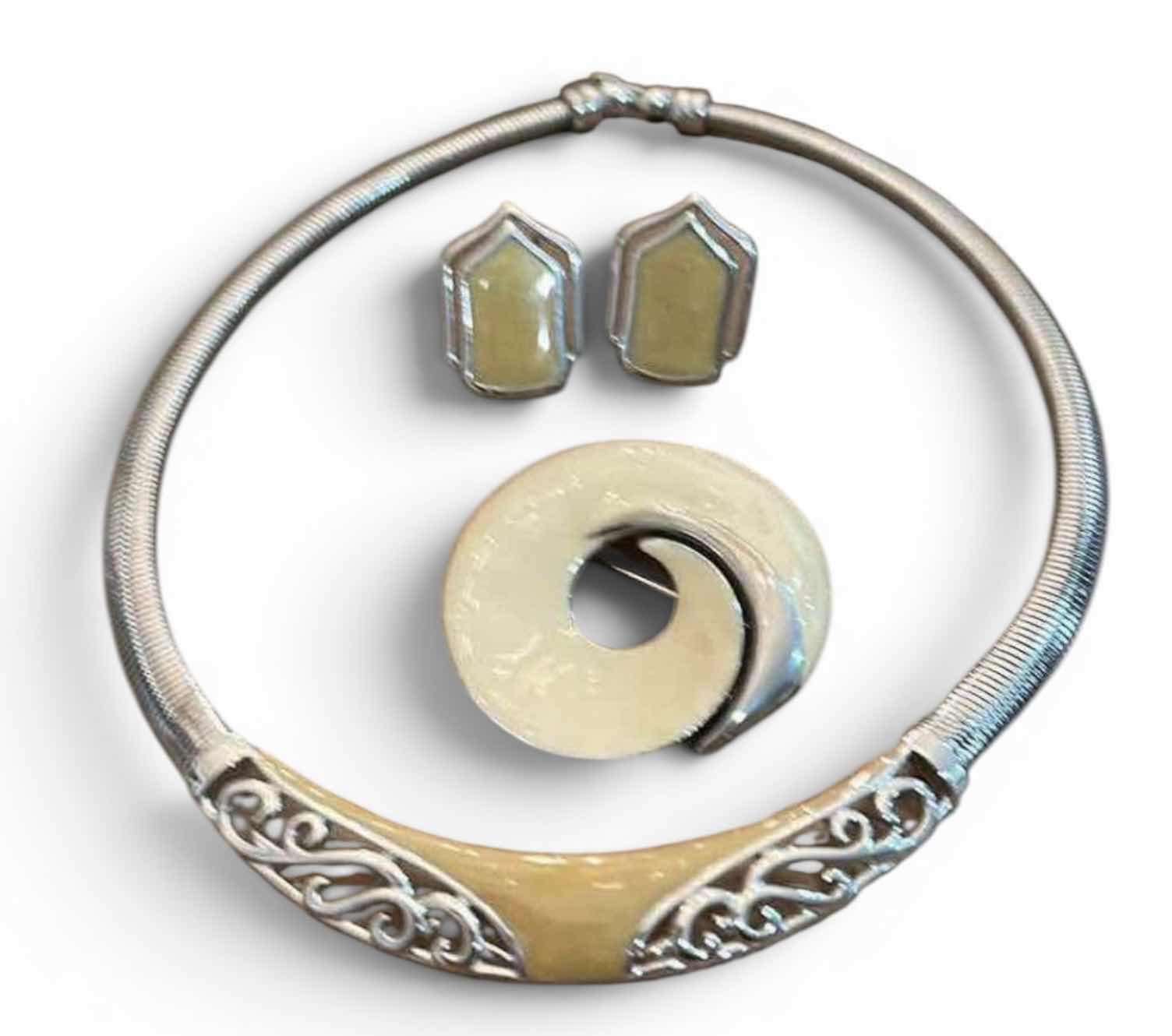 Photo 1 of SILVER-TONE & BEIGE ENAMEL NECKLACE WITH MATCHING EARRINGS & SPIRAL BROOCH