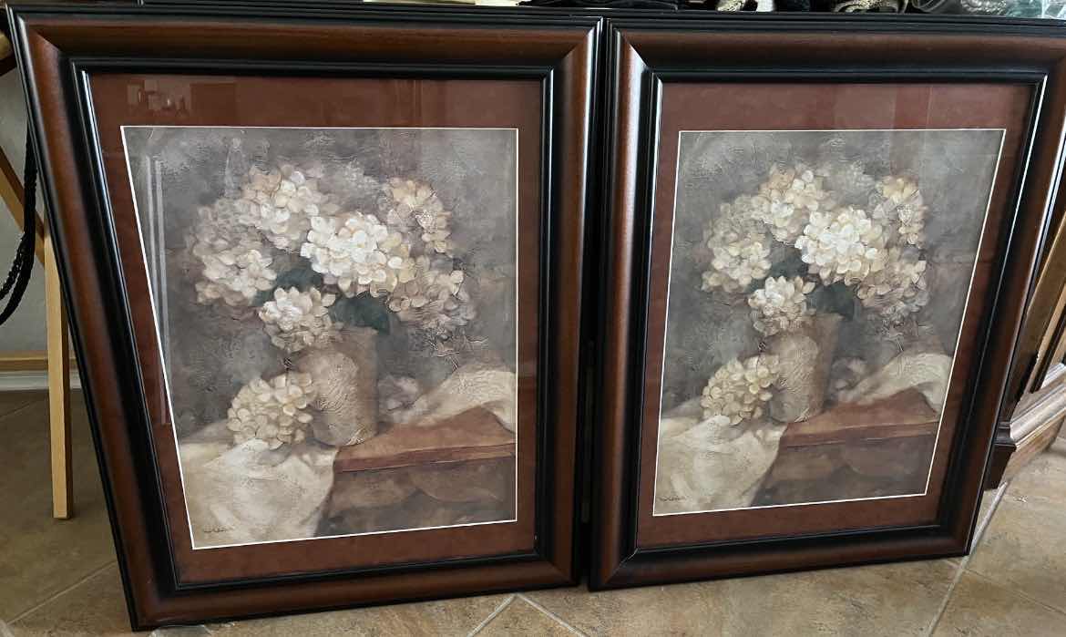 Photo 1 of DARK WOOD FRAMED CAROL’S BOUQUET I & II FINE ART PRINT SET OF 2 FEATURING A FRAMED HYDRANGEA BOTANICAL DESIGN.22.5” x H28”