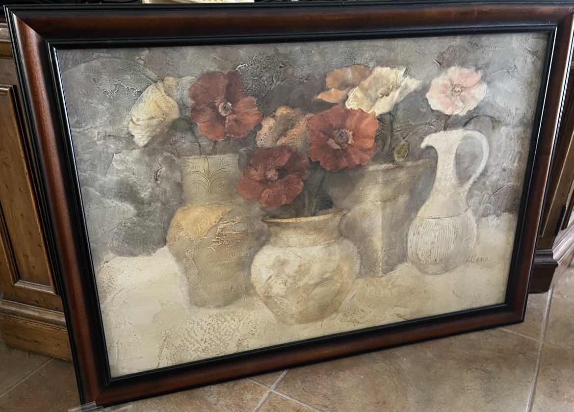 Photo 1 of FRAMED ARTWORK “POPPIES IN WHITE” W RED AND WHITE POPPIES IN A RUSTIC CERAMIC VASE. 40” x H28”