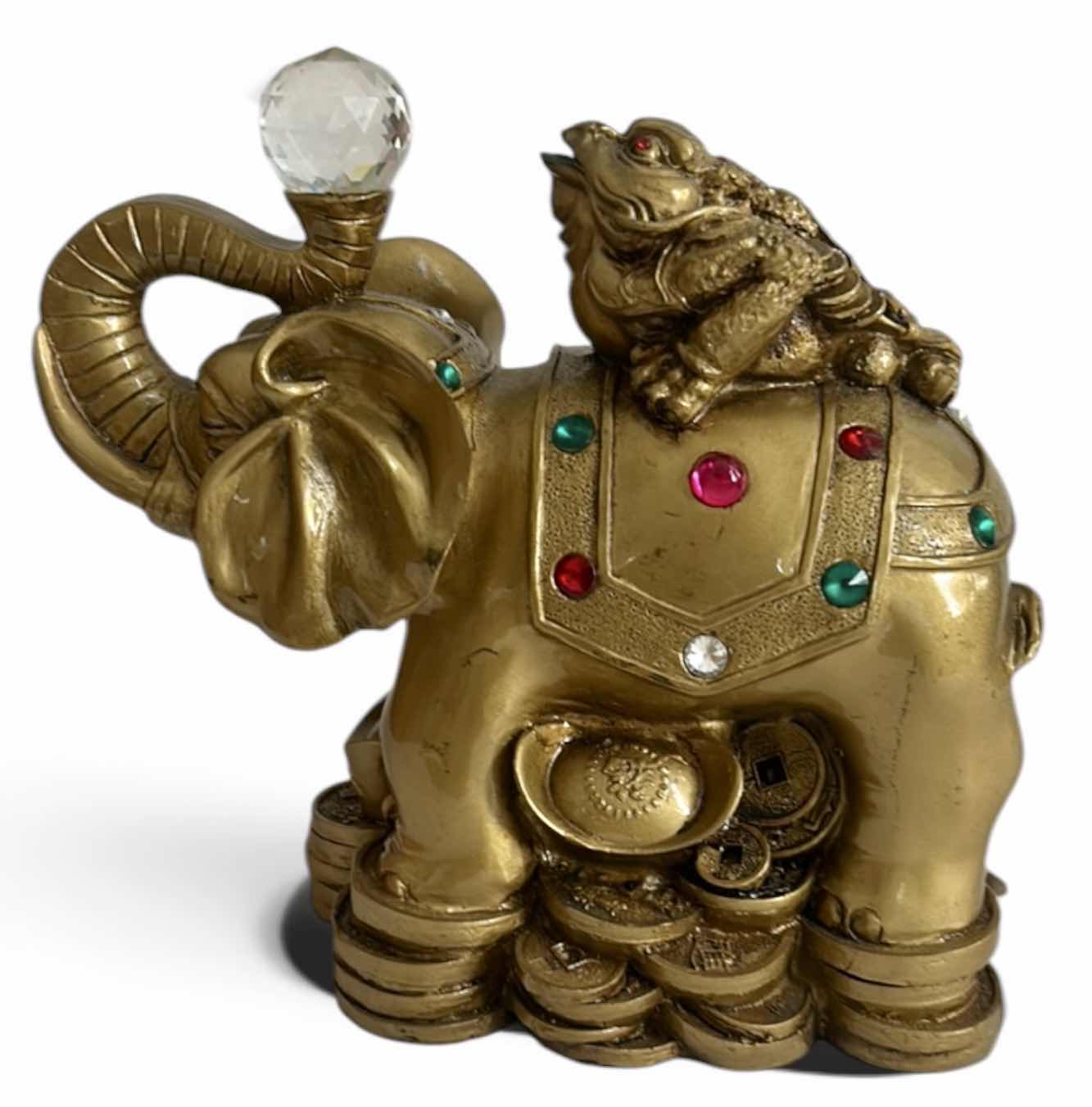 View 1 of FENG SHUI ORNAMENT – GOLDEN ELEPHANT, SUPPORTING A THREE LEGGED MONEY TOAD AND HOLDING A CRYSTAL BALL FIGURINE H7 1/2”