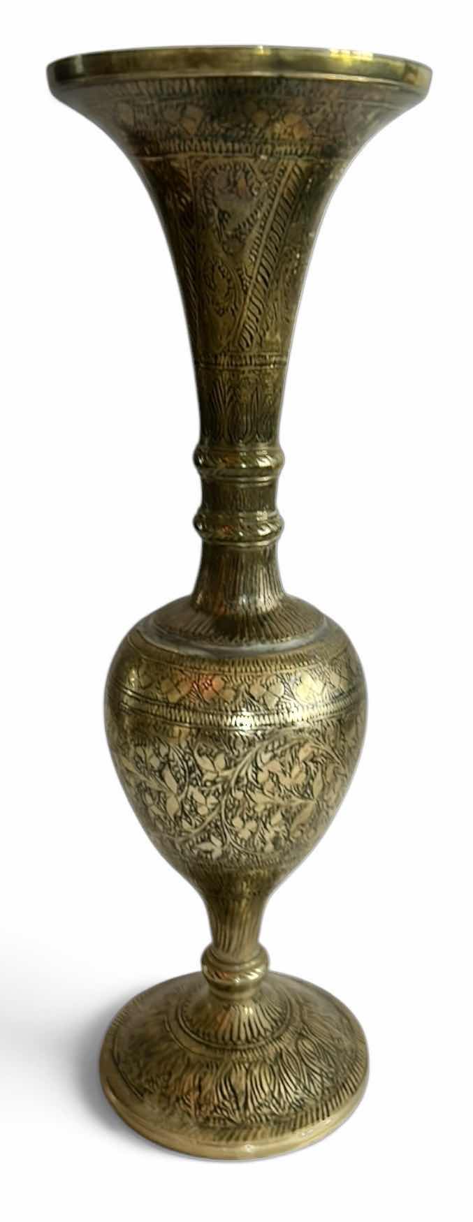 Photo 1 of VINTAGE SOLID BRASS VASE MADE IN INDIA, FEATURING INTRICATE ETCHED FLORAL PATTERNS H11.5”