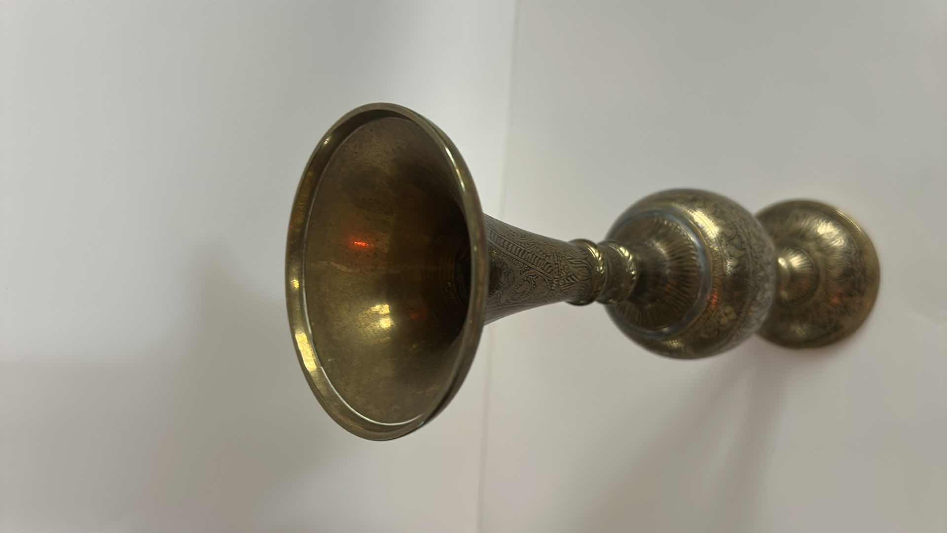 Photo 1 of VINTAGE SOLID BRASS VASE MADE IN INDIA, FEATURING INTRICATE ETCHED FLORAL PATTERNS H11.5”
