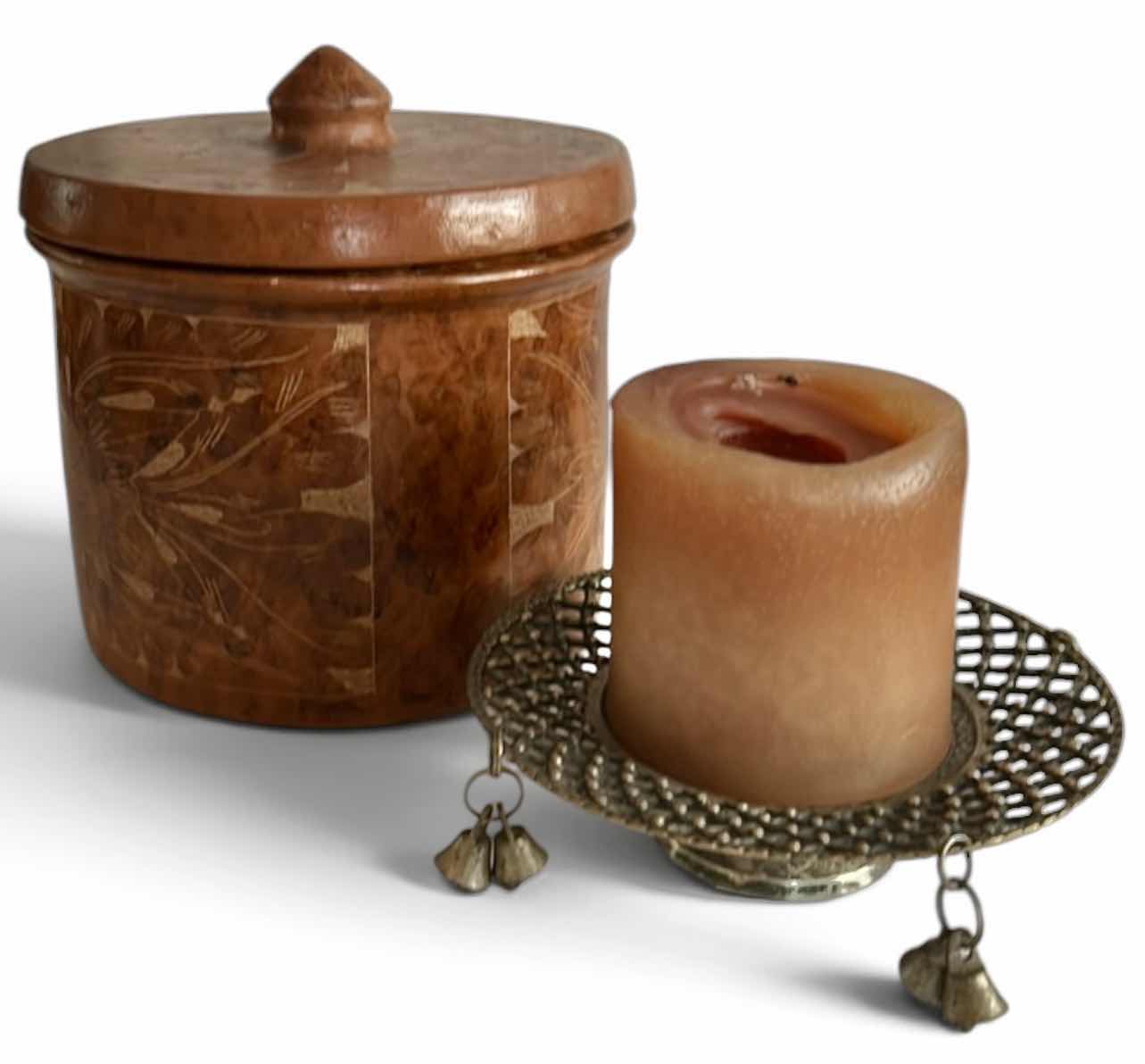 Photo 1 of HOME DECOR- VINTAGE INDONESIAN SASAK POTTERY LIDDED CANISTER, H6.5” , CANDLE WITH HOLDER, PIG POTTERY, ETCHED VASE & PAINTED VASE