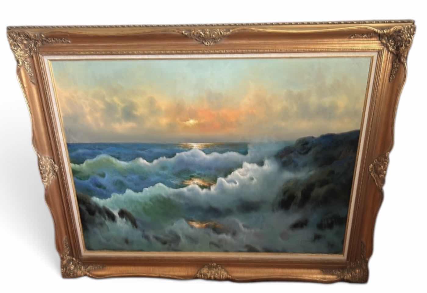 Photo 1 of ORNATELY FRAMED MID-CENTURY MODERN OIL ON CANVAS PAINTING, “LUMINOUS SEASCAPE” ARTWORK. SIGNED BY ARTIST ZENELLI CALANDRINO 58“ x H46“ $700