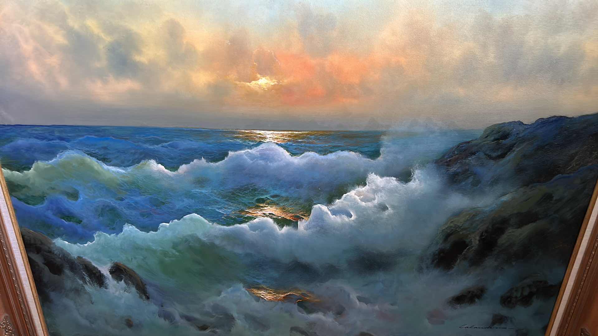 Photo 1 of ORNATELY FRAMED MID-CENTURY MODERN OIL ON CANVAS PAINTING, “LUMINOUS SEASCAPE” ARTWORK. SIGNED BY ARTIST ZENELLI CALANDRINO 58“ x H46“ $700