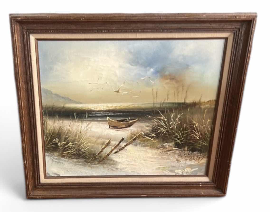 Photo 1 of FRAMED VINTAGE OIL ON CANVAS, PAINTING, ARTWORK, SIGNED BY ARTIST, HOWARD GAILEY, FEATURING A COASTAL BEACH SCENE . 30“ x H26 1/2“ $200