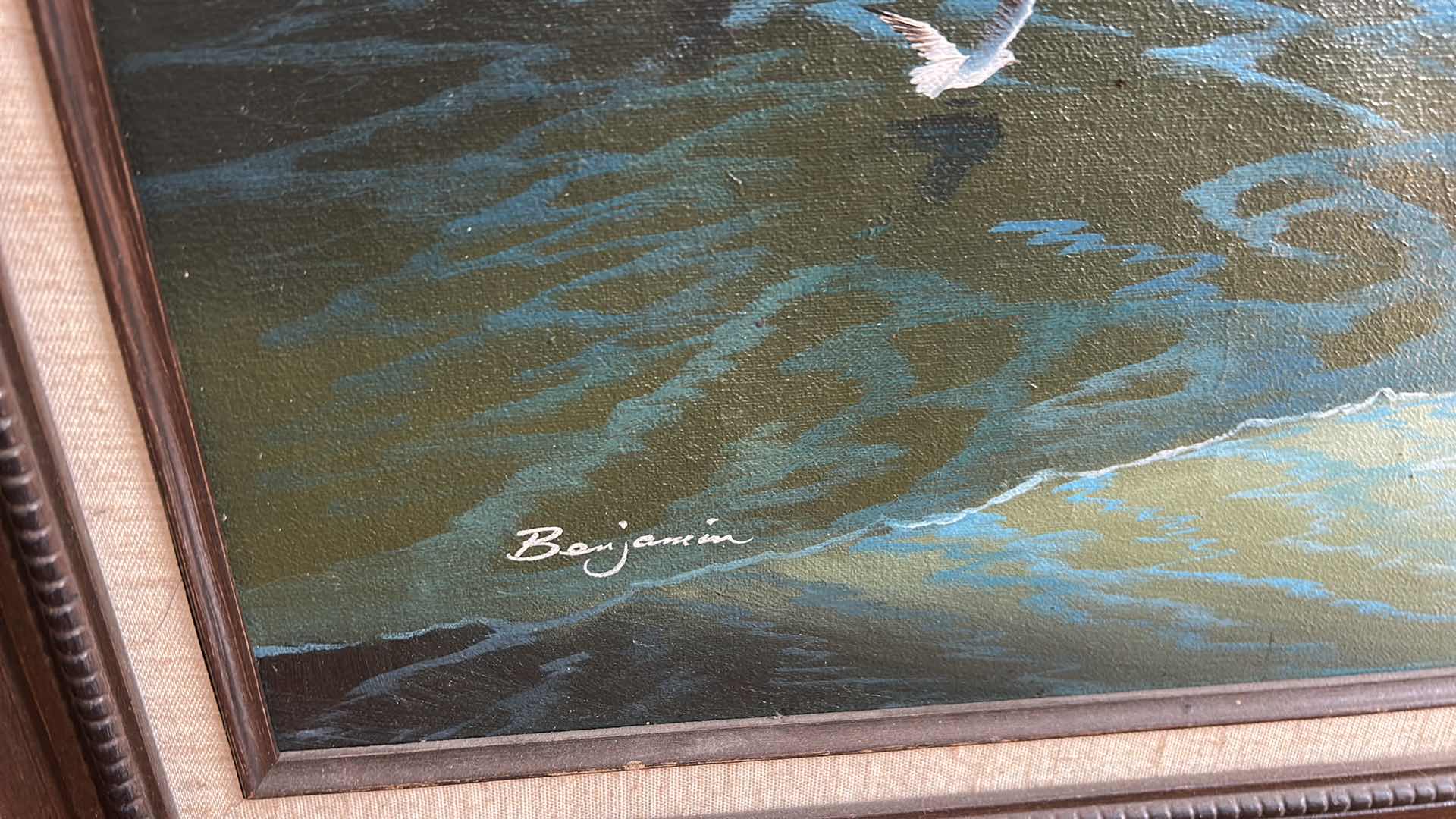 Photo 1 of VINTAGE FRAMED SEASCAPE OIL, PAINTING ON CANVAS ARTWORK, SIGNED BY ARTIST. 30 1/2“ x H26“