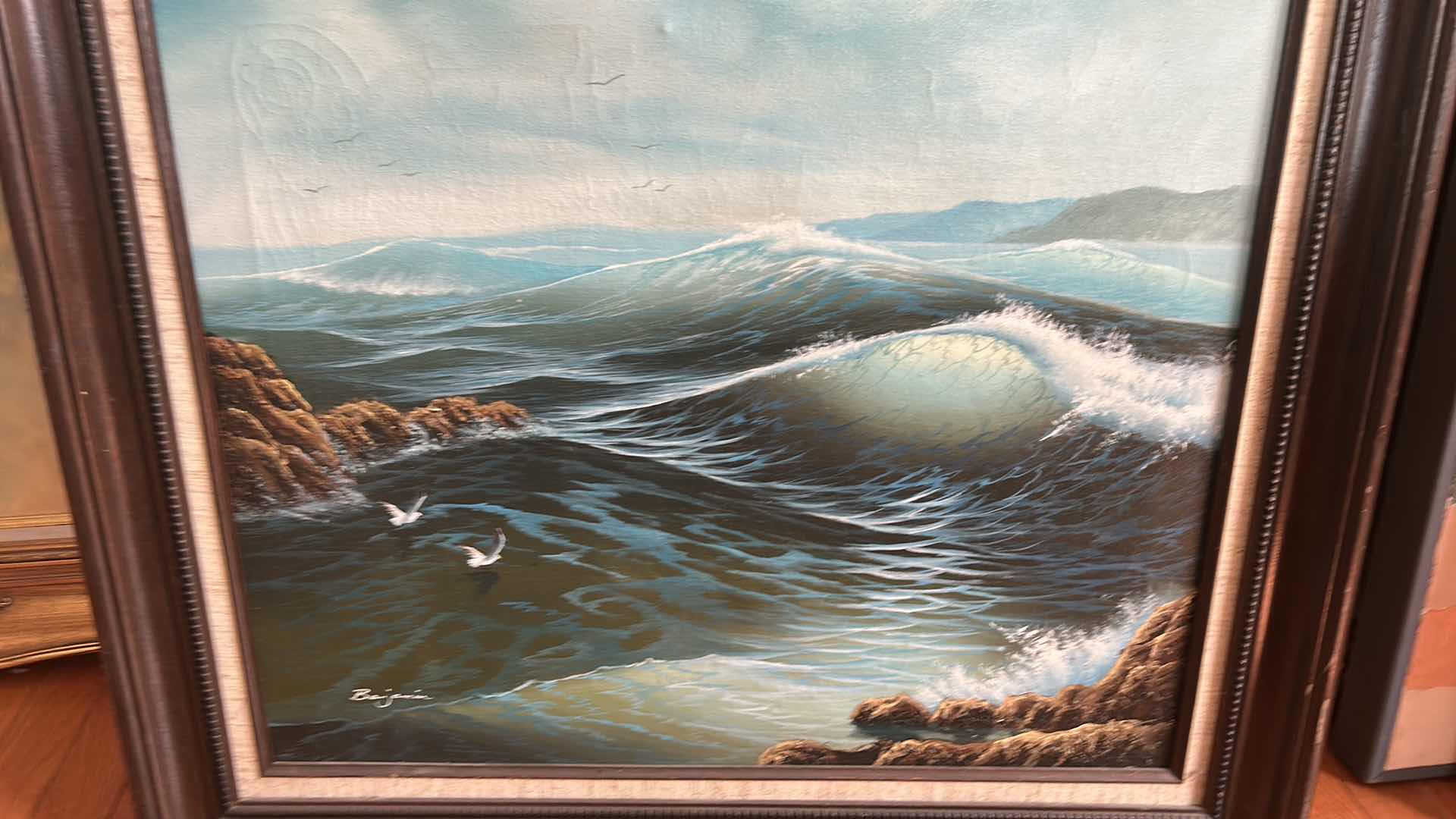 Photo 1 of VINTAGE FRAMED SEASCAPE OIL, PAINTING ON CANVAS ARTWORK, SIGNED BY ARTIST. 30 1/2“ x H26“