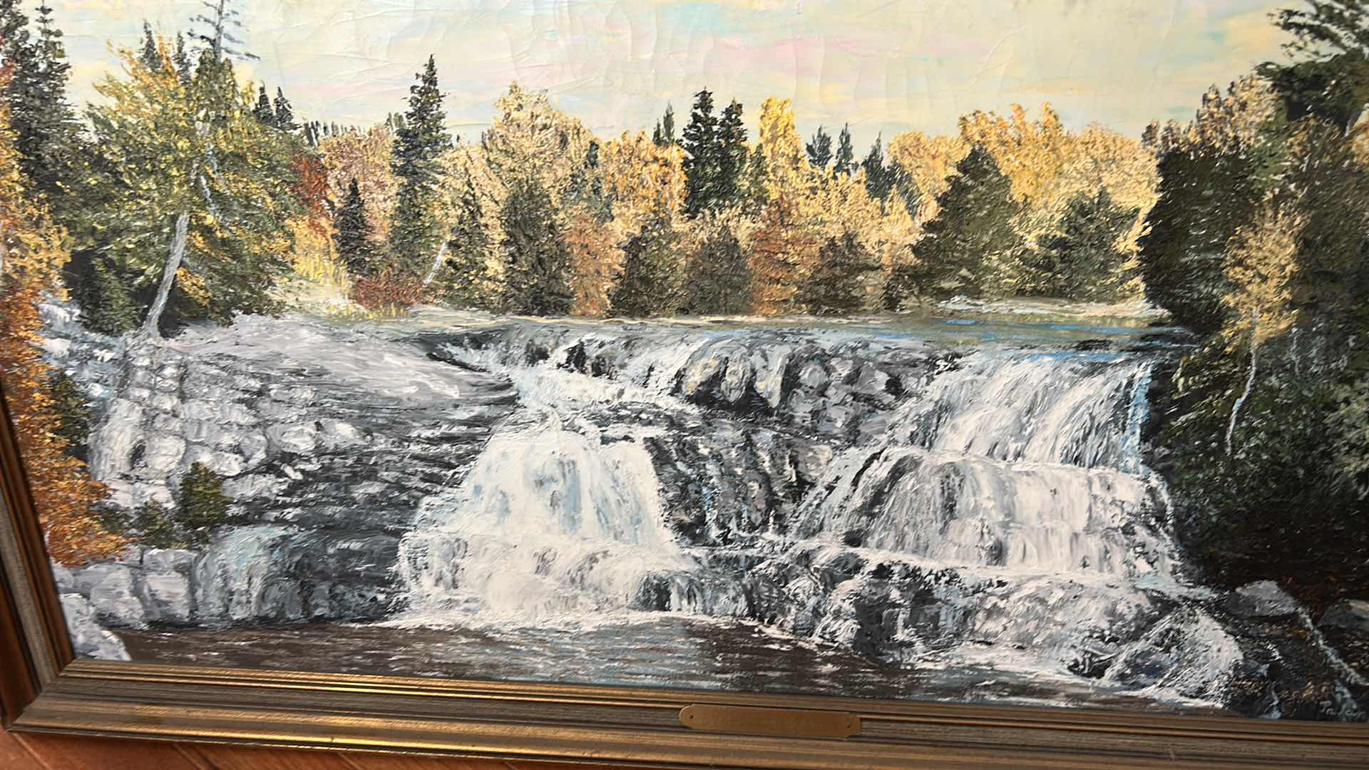 Photo 1 of FRAMED VINTAGE OIL ON CANVAS PAINTING ARTWORK, “EVERGREEN FALLS” 39“ x H21“