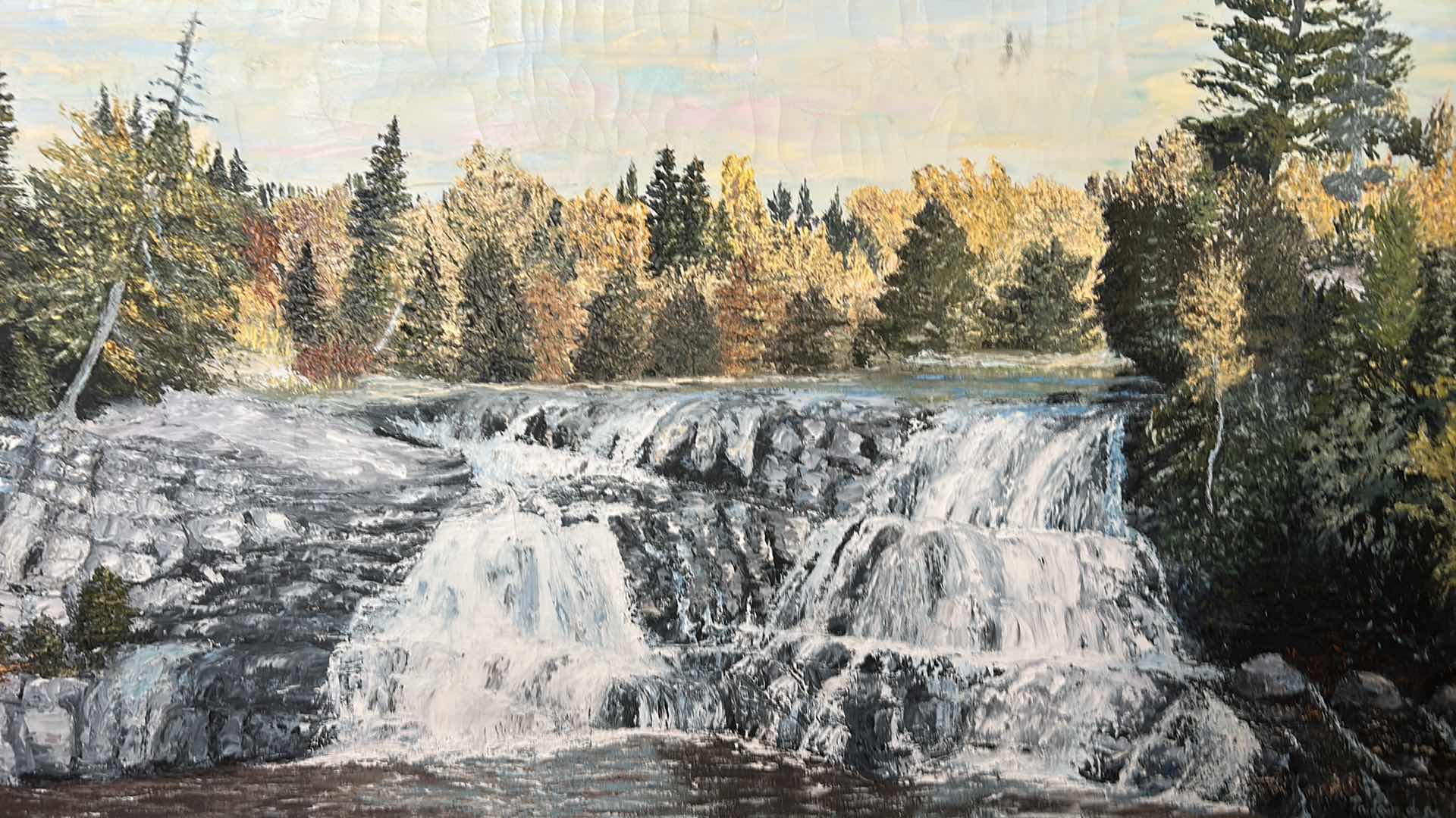 Photo 1 of FRAMED VINTAGE OIL ON CANVAS PAINTING ARTWORK, “EVERGREEN FALLS” 39“ x H21“