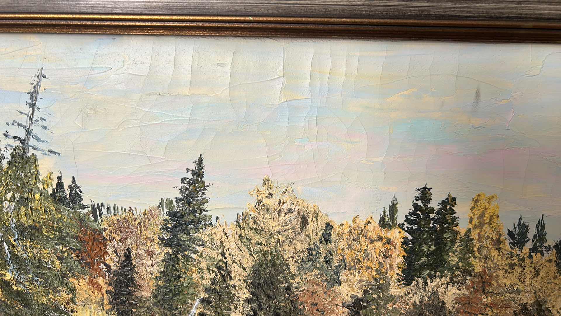 Photo 1 of FRAMED VINTAGE OIL ON CANVAS PAINTING ARTWORK, “EVERGREEN FALLS” 39“ x H21“