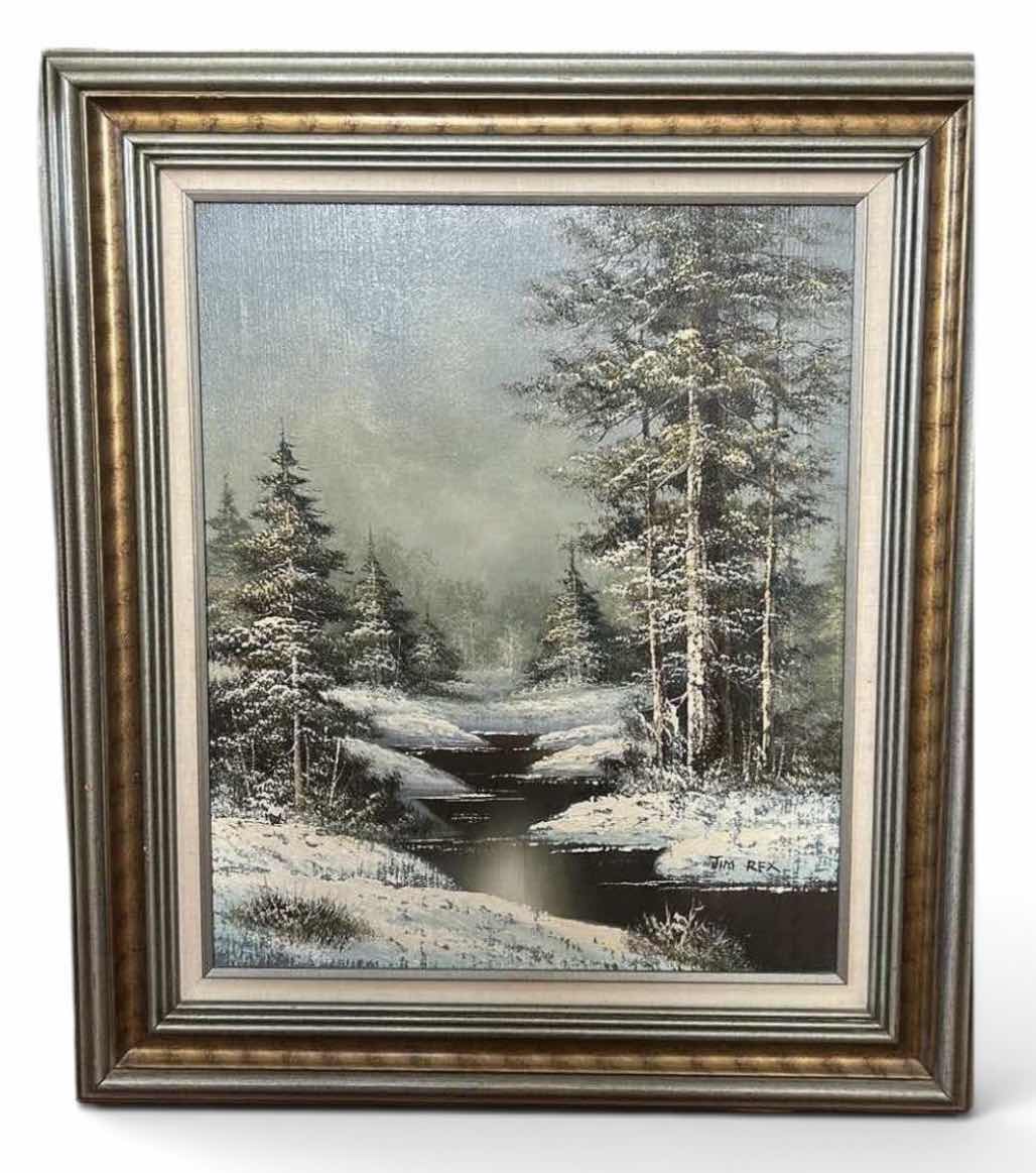 Photo 1 of VINTAGE FRAMED OIL ON CANVAS, PAINTING, ARTWORK FEATURING A SNOWY WINTER LANDSCAPE,
28” x H32” $100