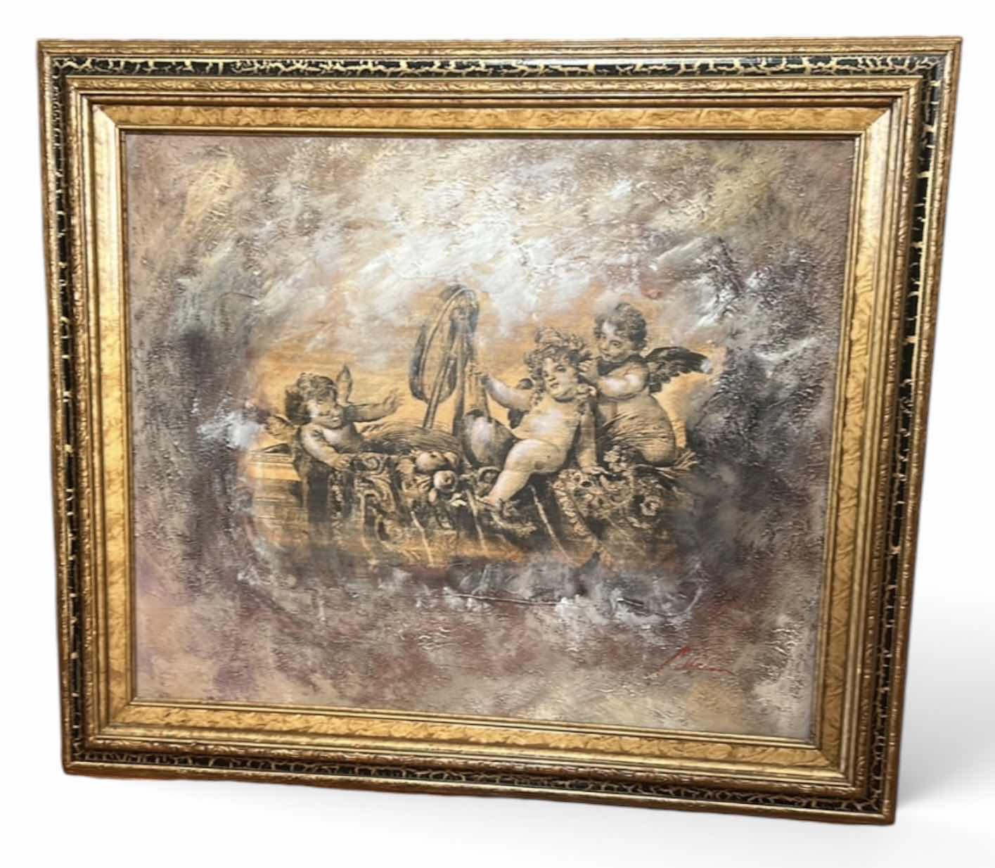 Photo 1 of VINTAGE FRAMED CLASSICAL STYLE OIL PAINTING ON CANVAS ARTWORK FEATURING PLAYFUL CHERUBS, AMONGST A HEAVY TEXTURED BACKGROUND. 30“ x H26“$300