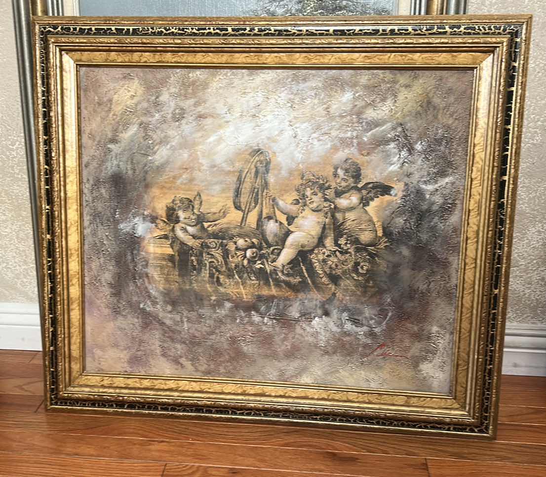 Photo 1 of VINTAGE FRAMED CLASSICAL STYLE OIL PAINTING ON CANVAS ARTWORK FEATURING PLAYFUL CHERUBS, AMONGST A HEAVY TEXTURED BACKGROUND. 30“ x H26“$300