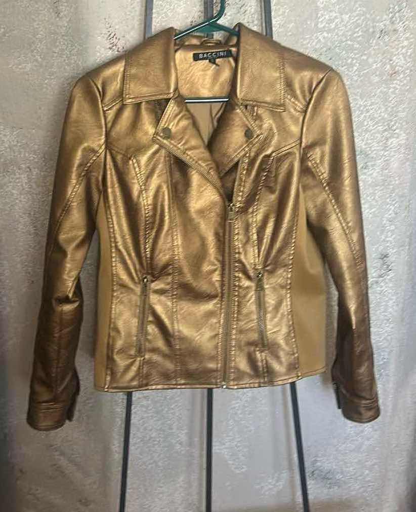 View 2 of BACCINI MOTORCYCLE STYLE JACKET FEATURING A METALLIC GOLD FINISH ESTIMATED WOMEN’S SIZE SMALL MEDIUM