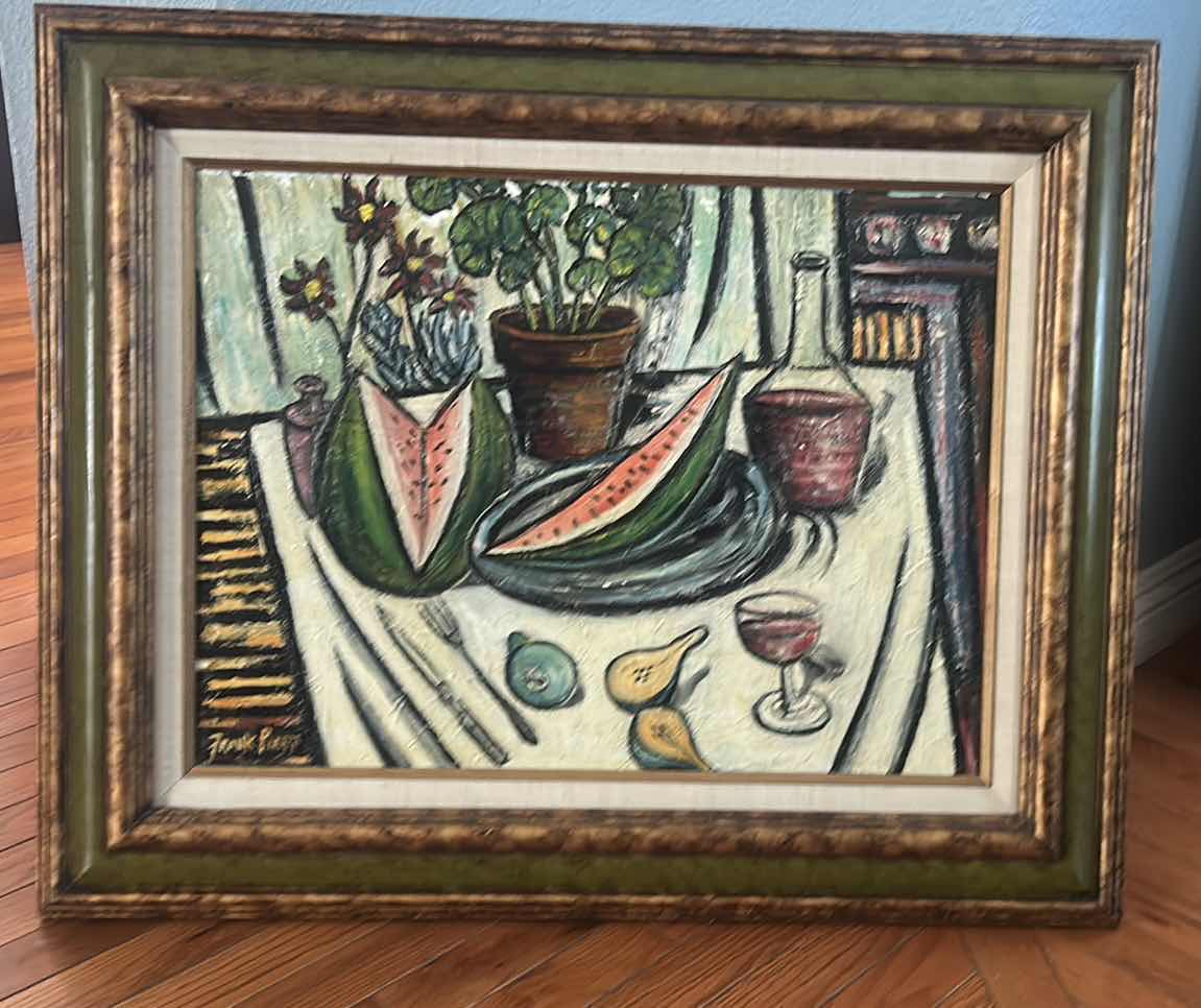Photo 1 of FRAMED AND SIGNED ART ON CANVAS BY ARTIST FRANK PIAZZI (AMERICAN, 20TH CENTURY) ORIGINAL MID-CENTURY STILL LIFE OIL PAINTING ARTWORK, 32 1/2” x H
27”
