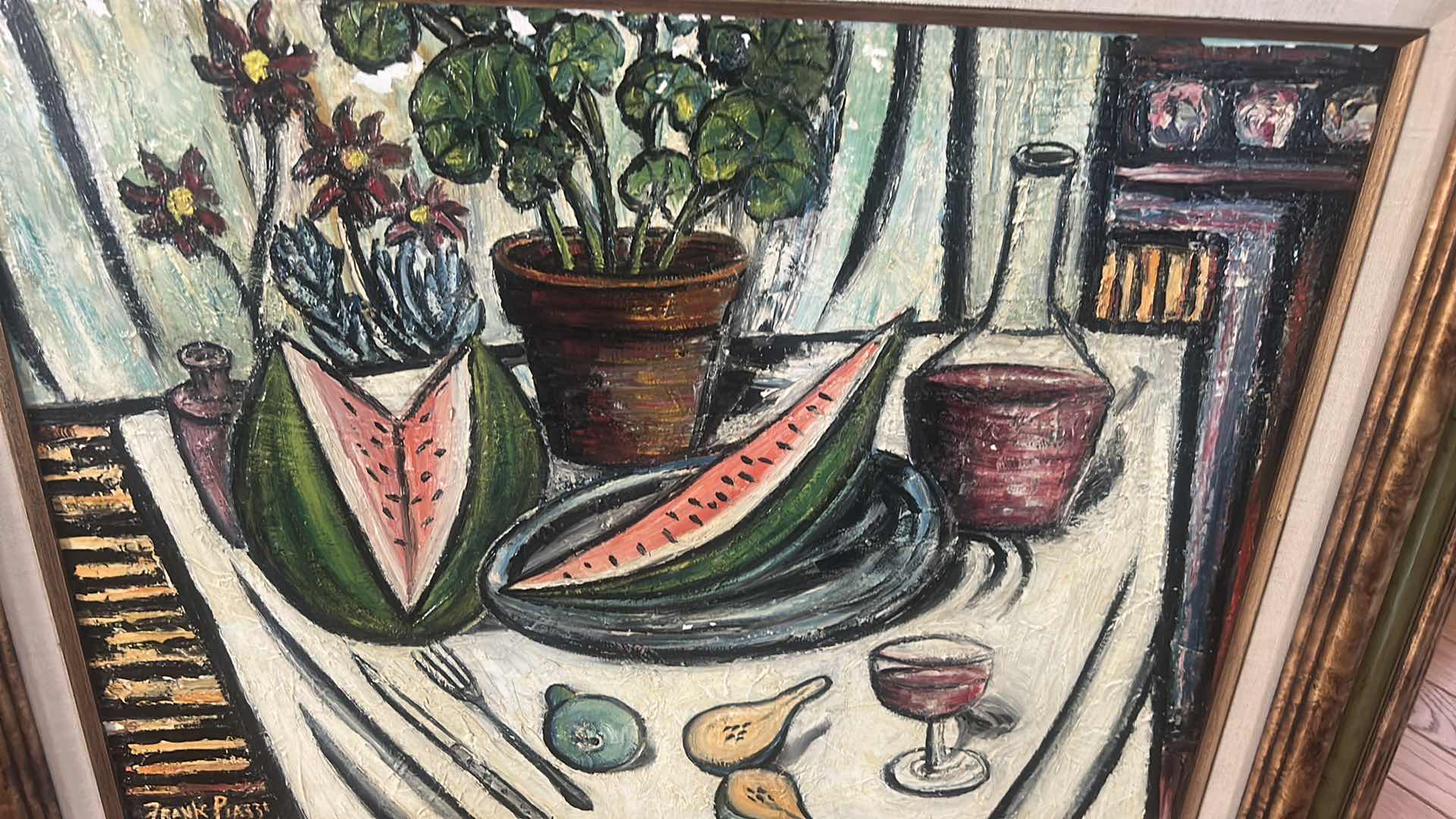 Photo 1 of FRAMED AND SIGNED ART ON CANVAS BY ARTIST FRANK PIAZZI (AMERICAN, 20TH CENTURY) ORIGINAL MID-CENTURY STILL LIFE OIL PAINTING ARTWORK, 32 1/2” x H
27”