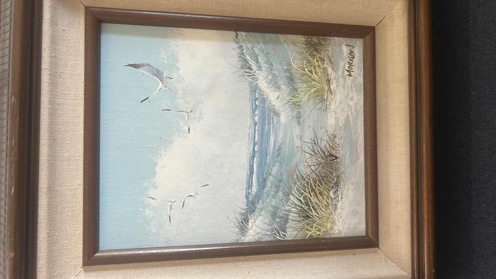 Photo 1 of FRAMED SIGNED SEASCAPE CANVAS, PAINTING ARTWORK BY MORGAN FEATURING A SANDY BEACH SCENE