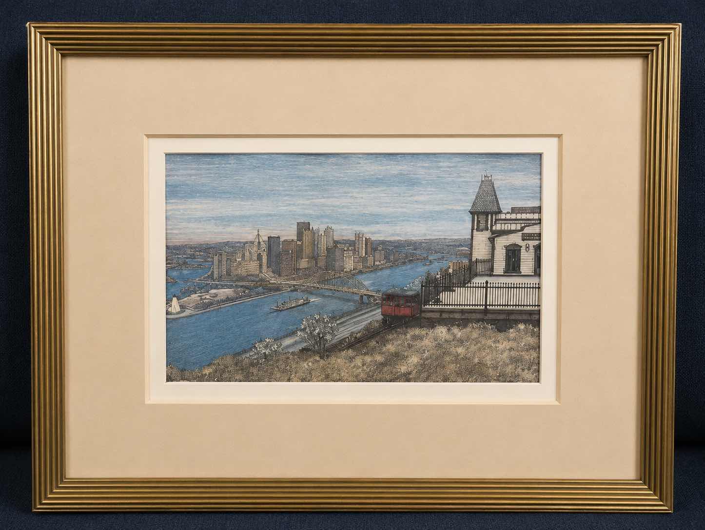 Photo 1 of FRAMED PRINT ARTWORK BY REGIONAL ARTIST, NEVIN ROBINSON TITLED “PITTSBURGH
FROM MOUNT WASHINGTON” 15 1/2 x H12 1/2