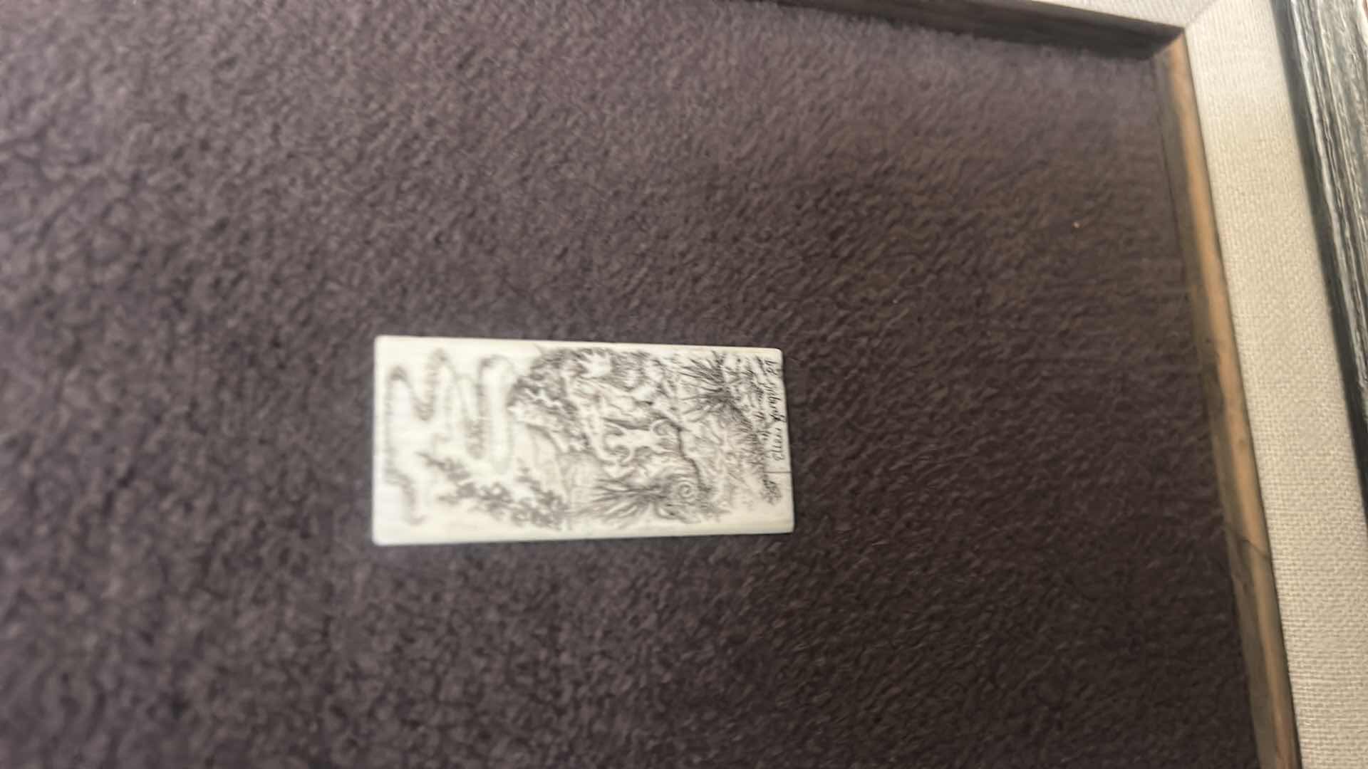 Photo 1 of FRAMED FINE ORIGINAL MINIATURE SCRIMSHAW ETCHING BY ELLEN VAN GUNST, DATED 1989. 9 1/2” x H10 1/2”$250